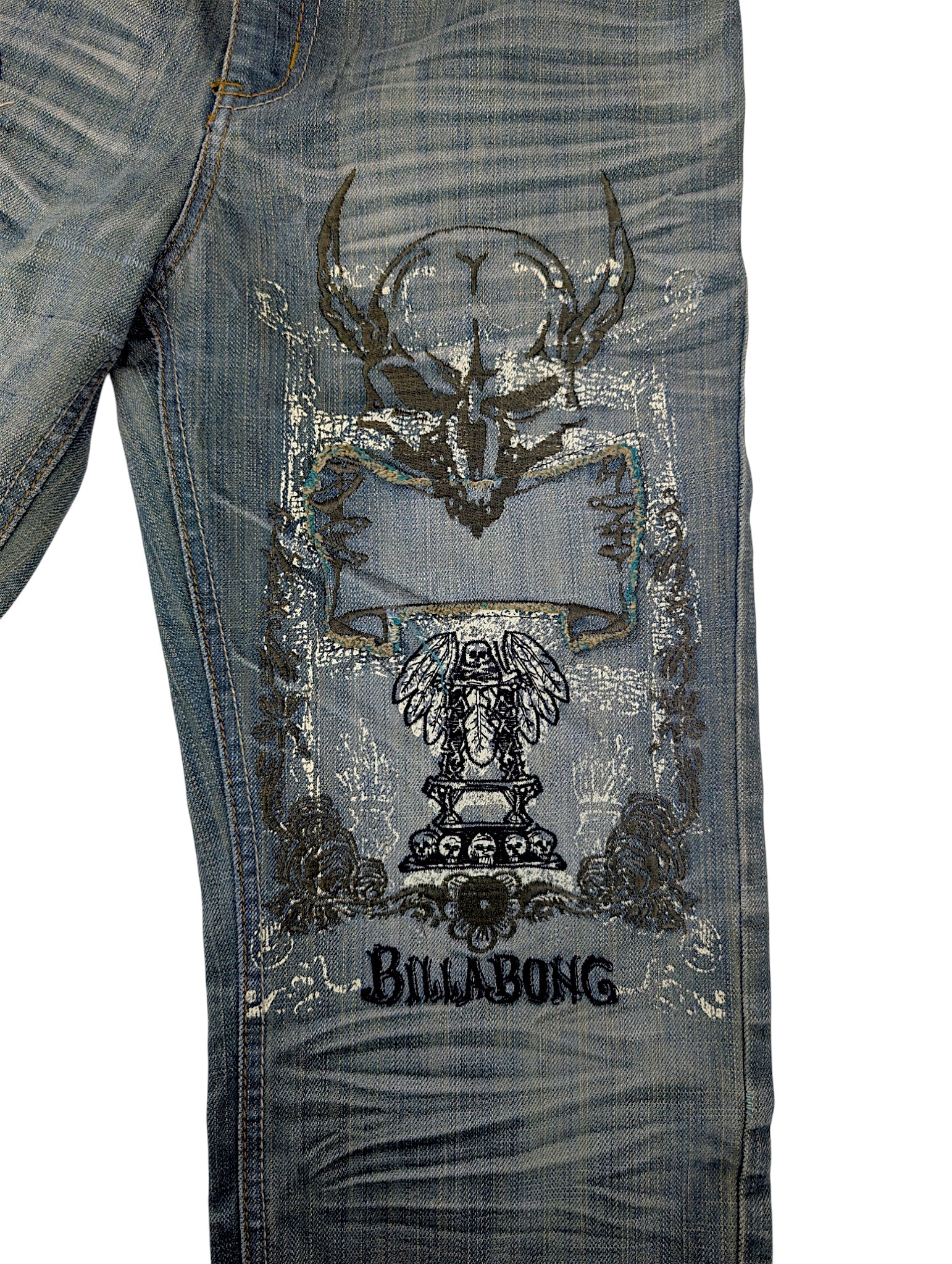 Vintage spodnie 90s billabong faded Y2K straight leg czaszki retro z przetarciami