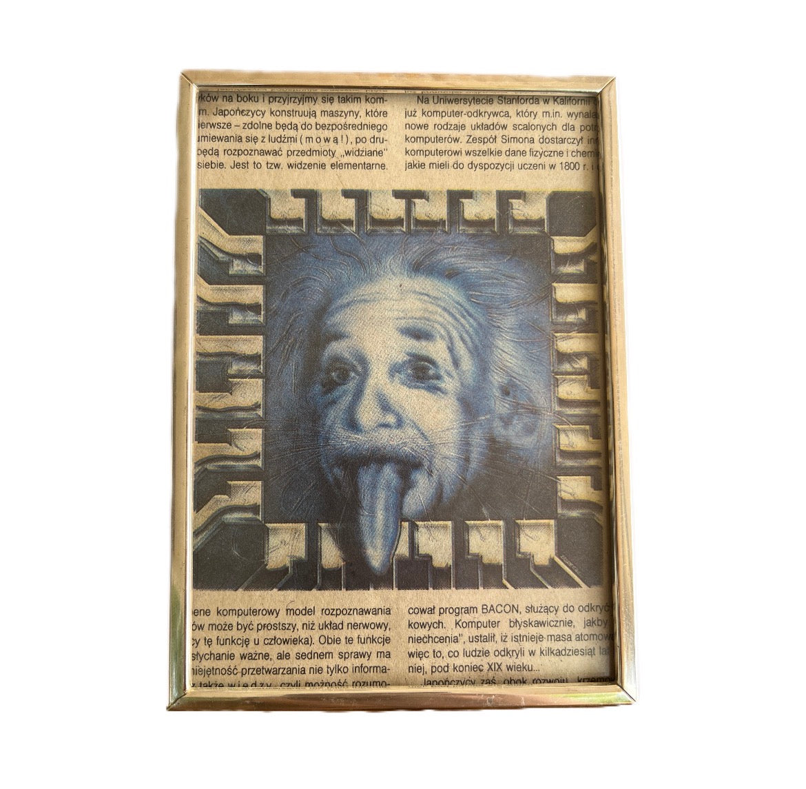 Albert Einstein vintage 1990s fantasy graphic poster artwork grafika kolaż w złotej w ramce