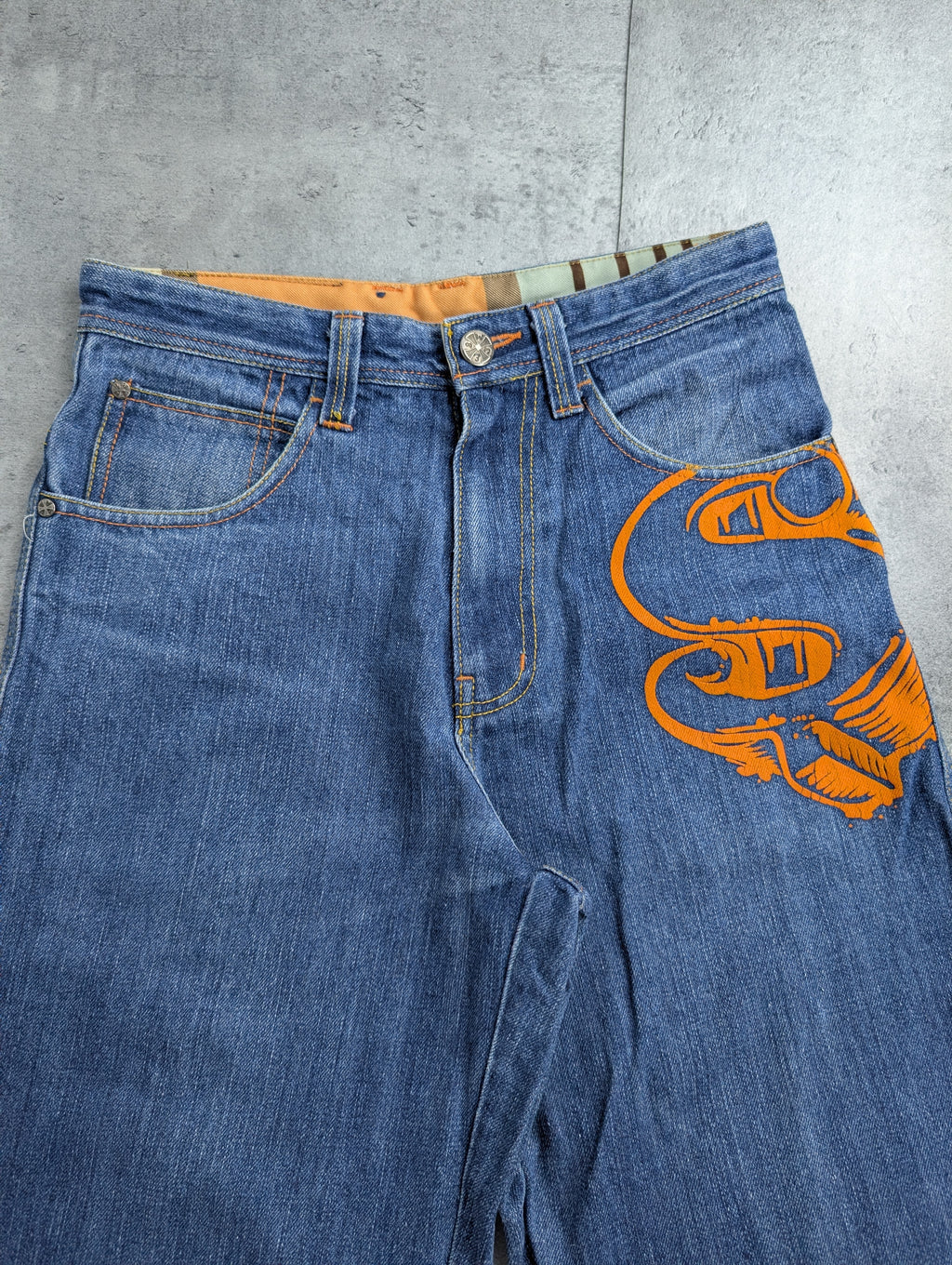 Raw Blue Dollar Sign Graphic Baggy Y2K Vintage Jeans Loose Fit HipHop RARE