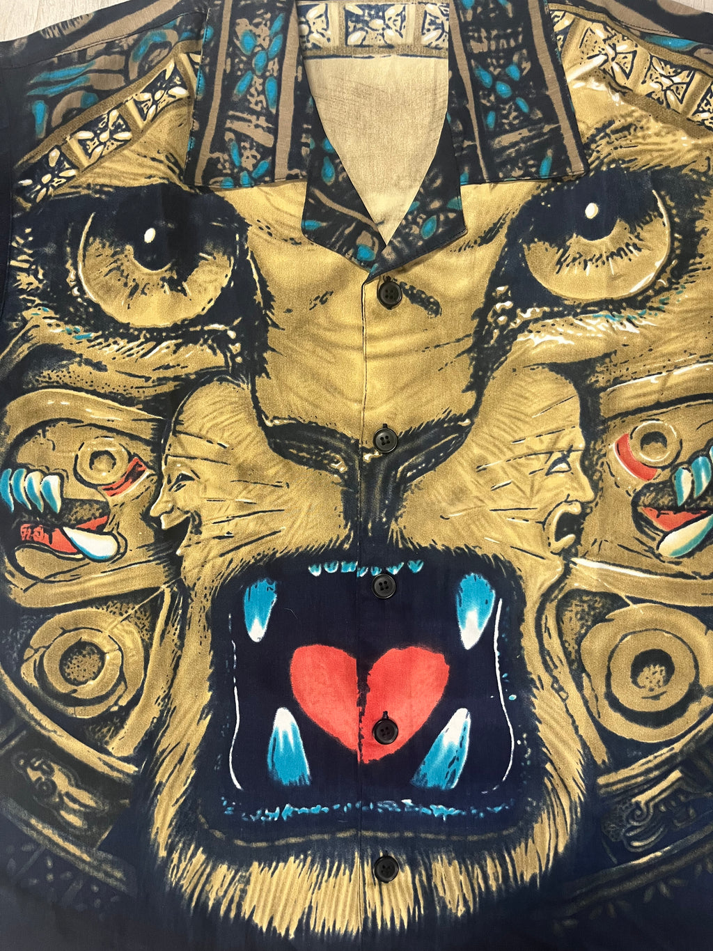 Y2K 2000s Tribal Aztec Lion Fullprint Button Up Shirt koszula wakacyjna Trailer Park Boys Ricky oldschool style Hawaii
