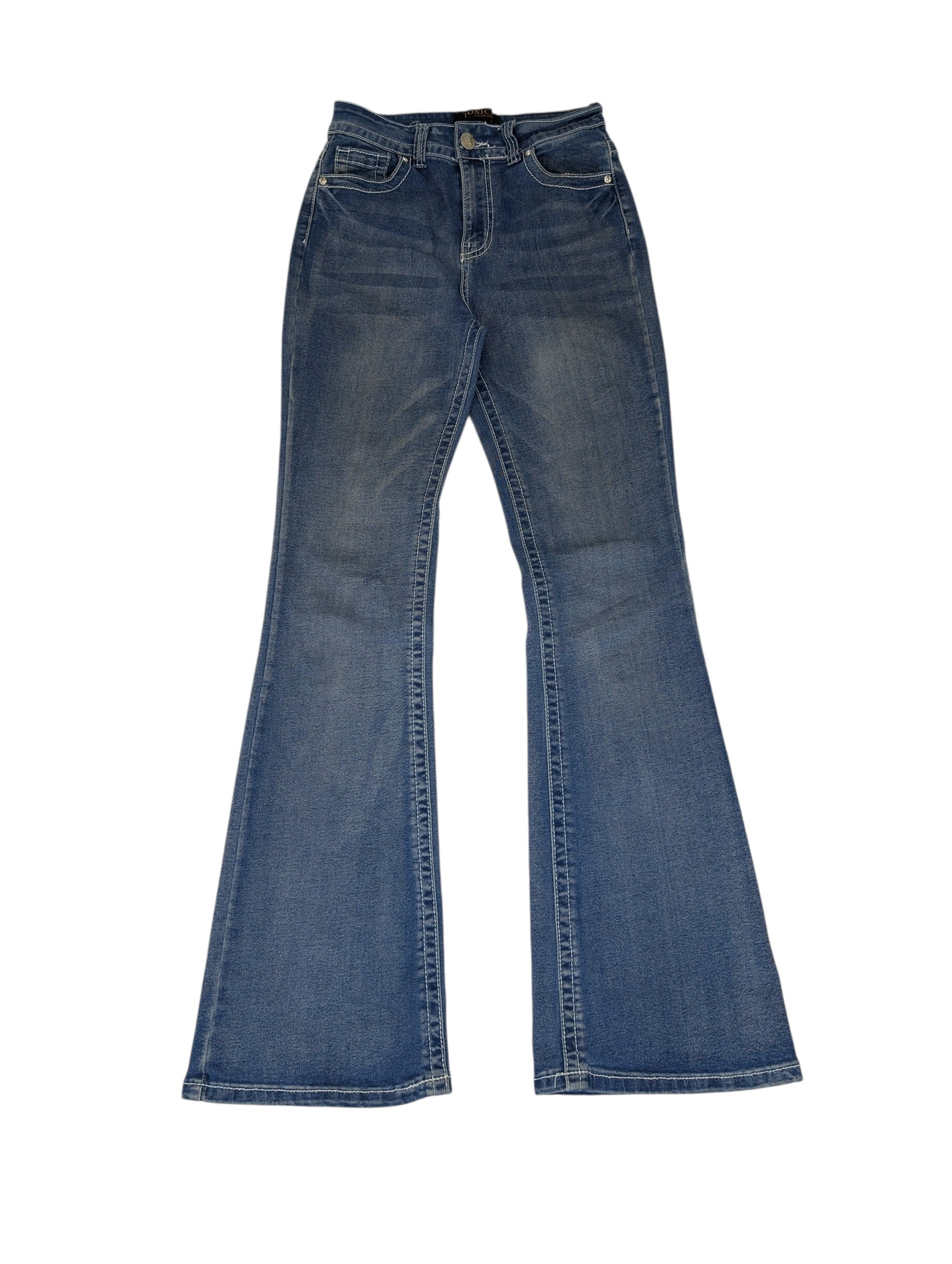 Vintage dzwony spodnie jeansowe flared jeans poszerzane nogawki y2k miss me embroidered hafty