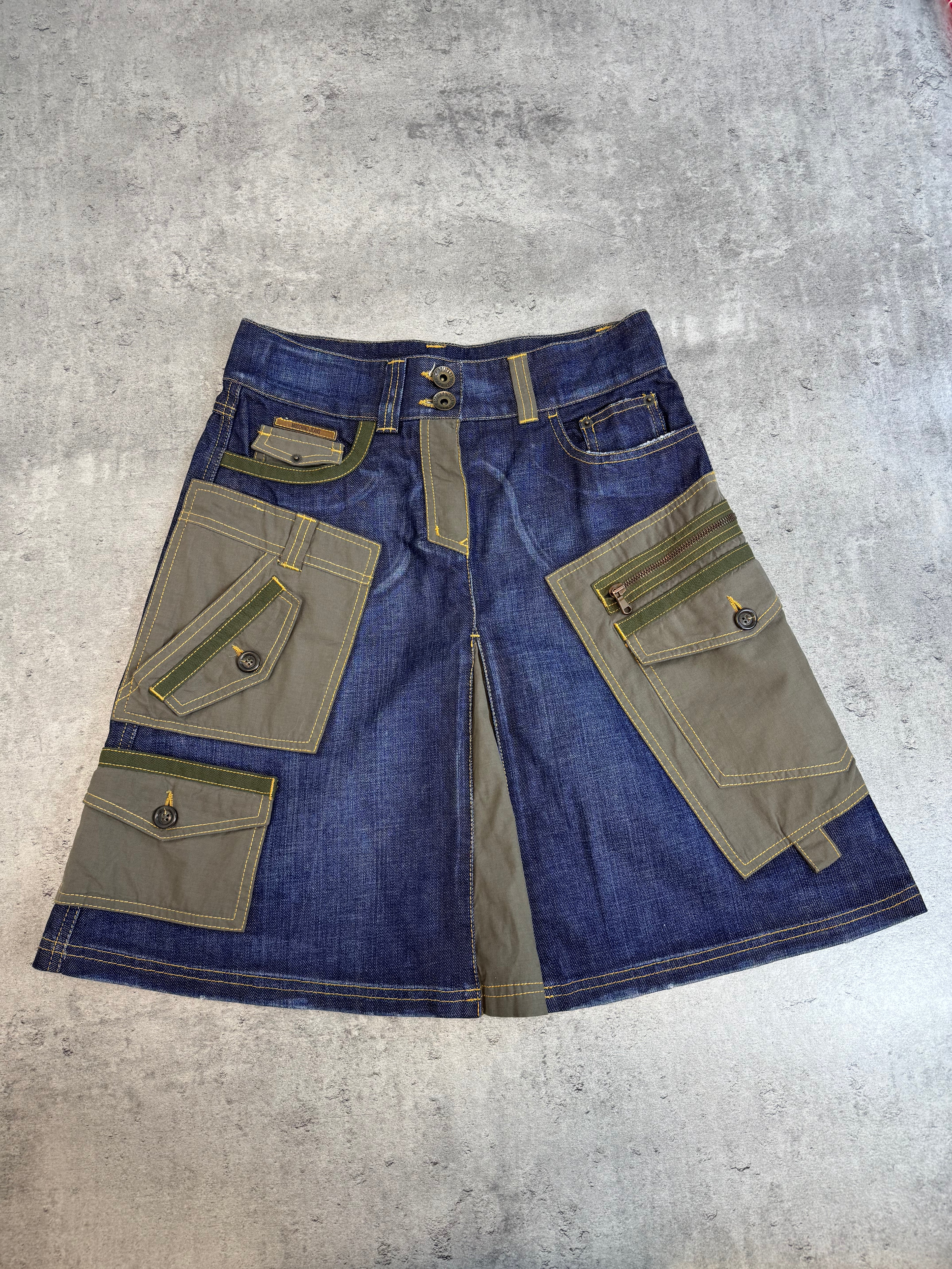 Moschino Jeans Cargo Utility Skirt Spódnica Military Patchwork Denim Jeansowa midi archive