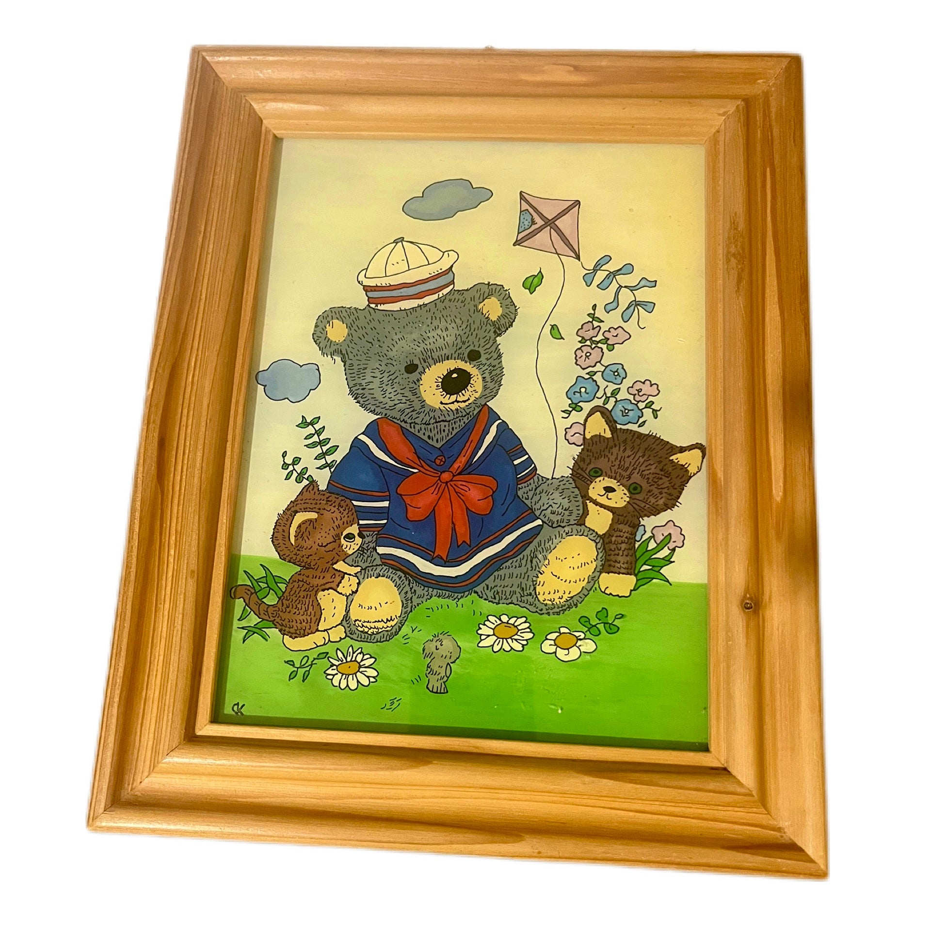 Vintage Teddy Bear Glass Painting obrazy z pluszowym misiem malowane na szkle 1980s PRL