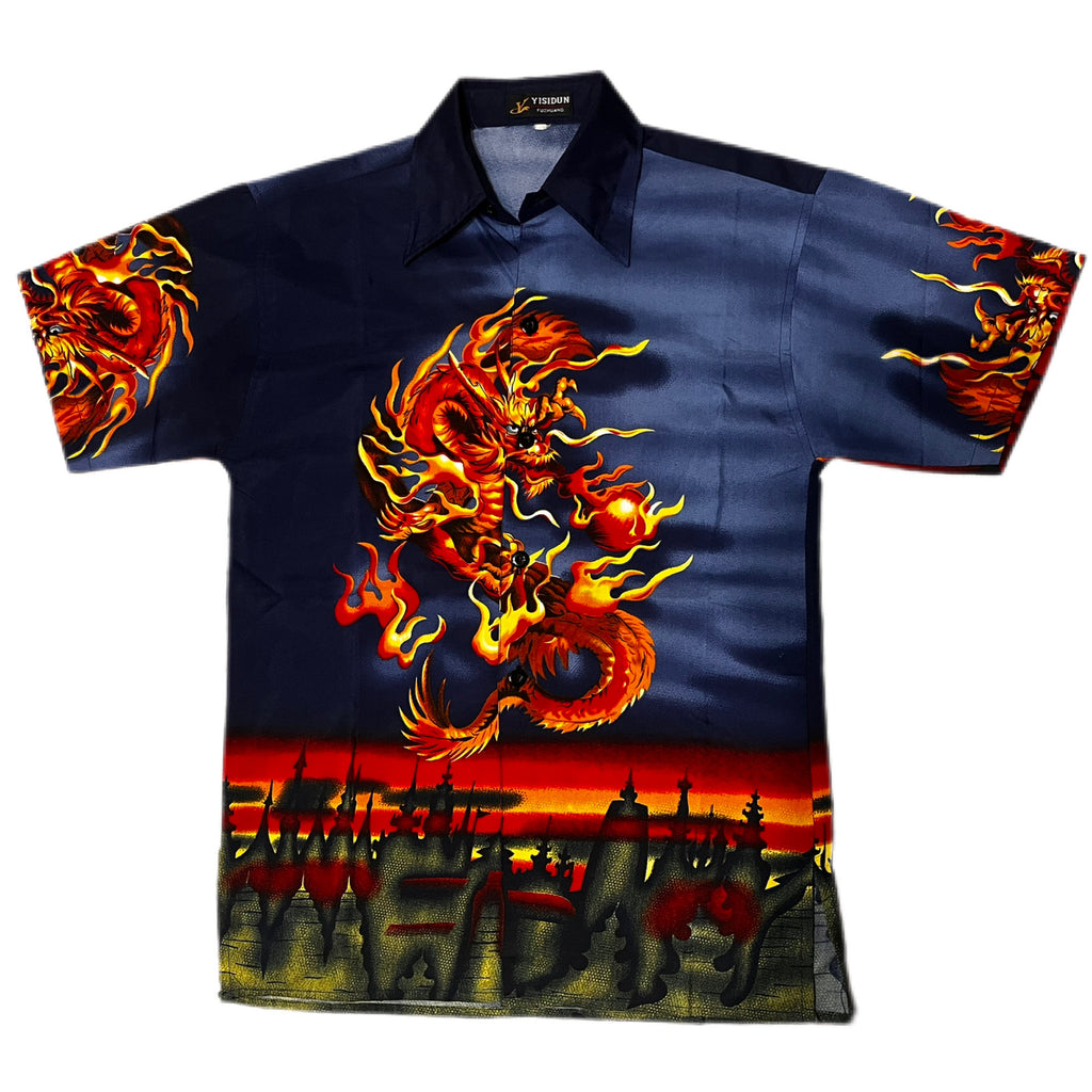 Y2K Japan Style Yisidun Fuzhuang Dragon Graphic Button Up Shirt koszula z krótkim rękawem