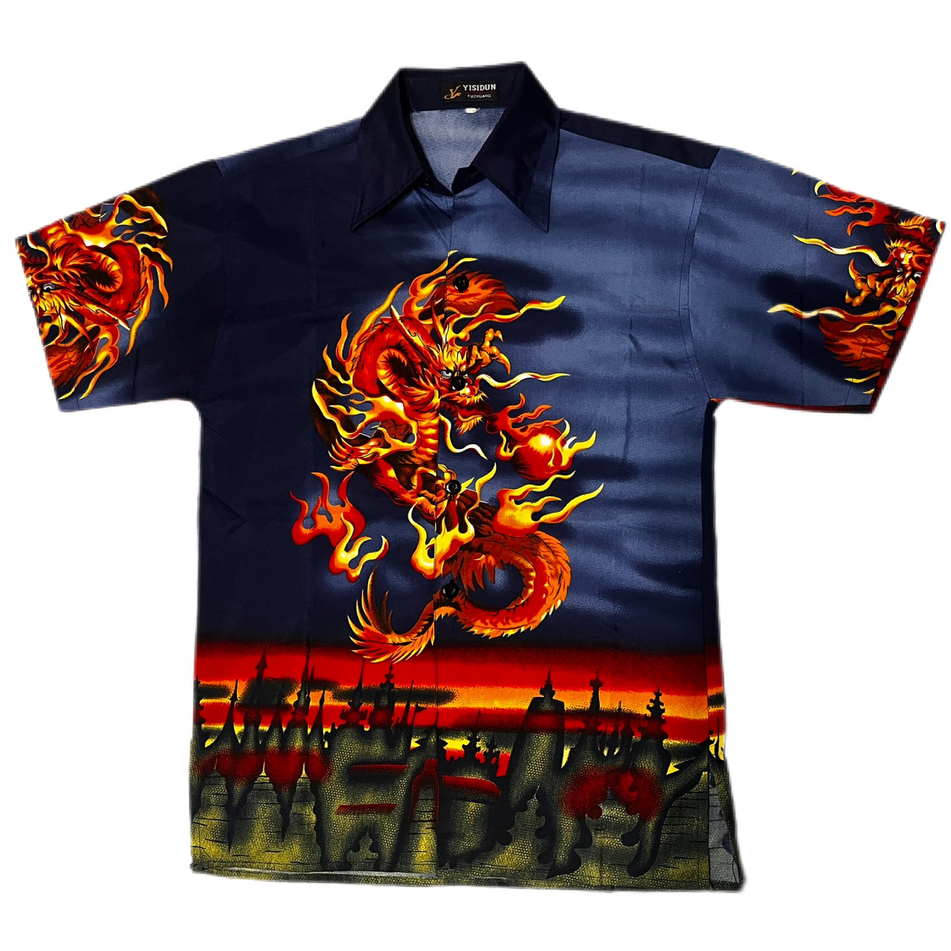 Y2K Japan Style Yisidun Fuzhuang Dragon Graphic Button Up Shirt koszula z krótkim rękawem