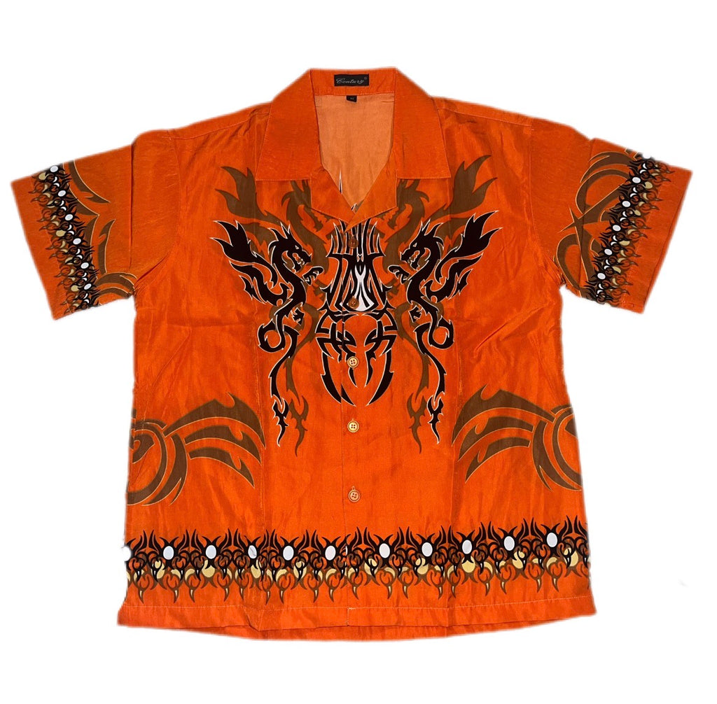 Y2K 2000s Dragon Tribal Button Up Shirt Fullprint koszula ze smokiem oldschool tattoo style Trailer Park Boys Ricky