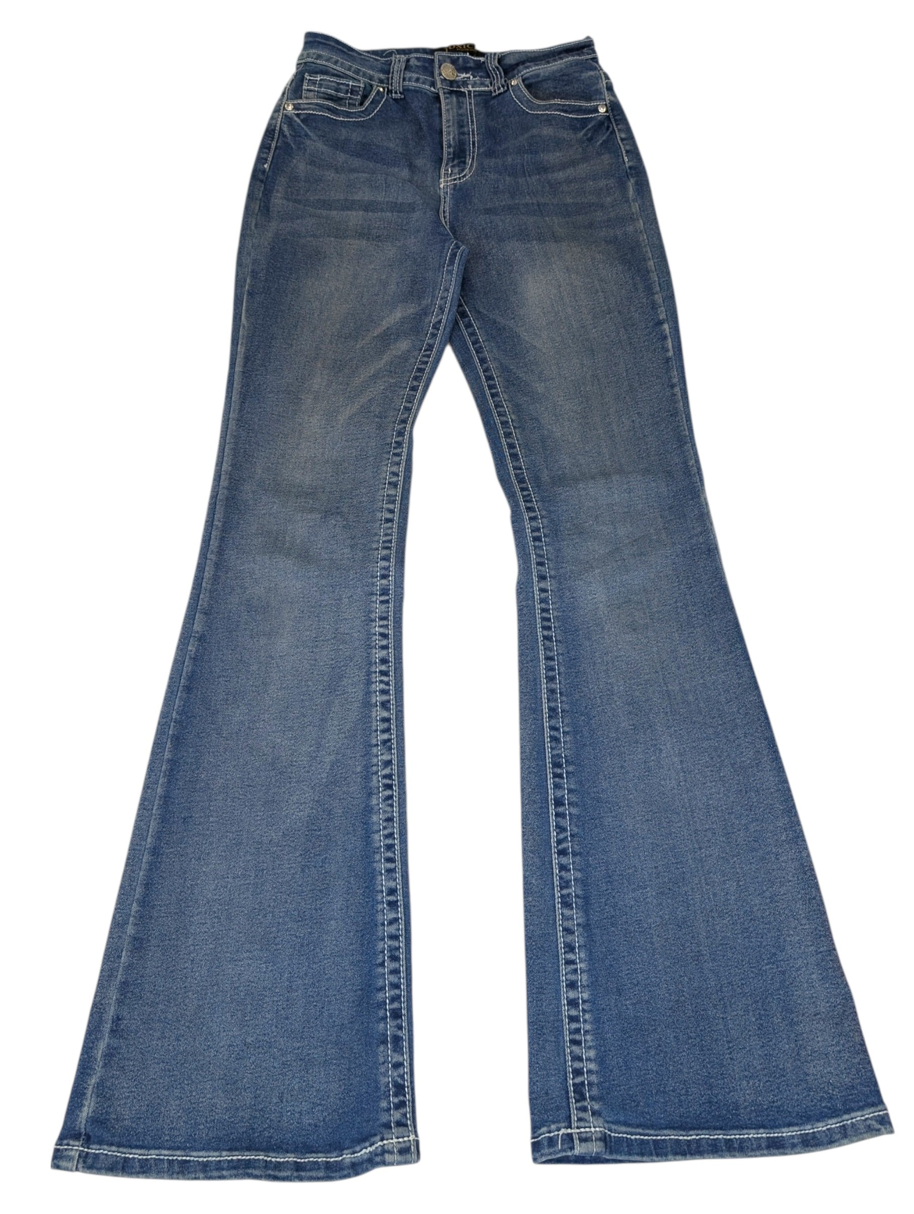 Vintage dzwony spodnie jeansowe flared jeans poszerzane nogawki y2k miss me embroidered hafty