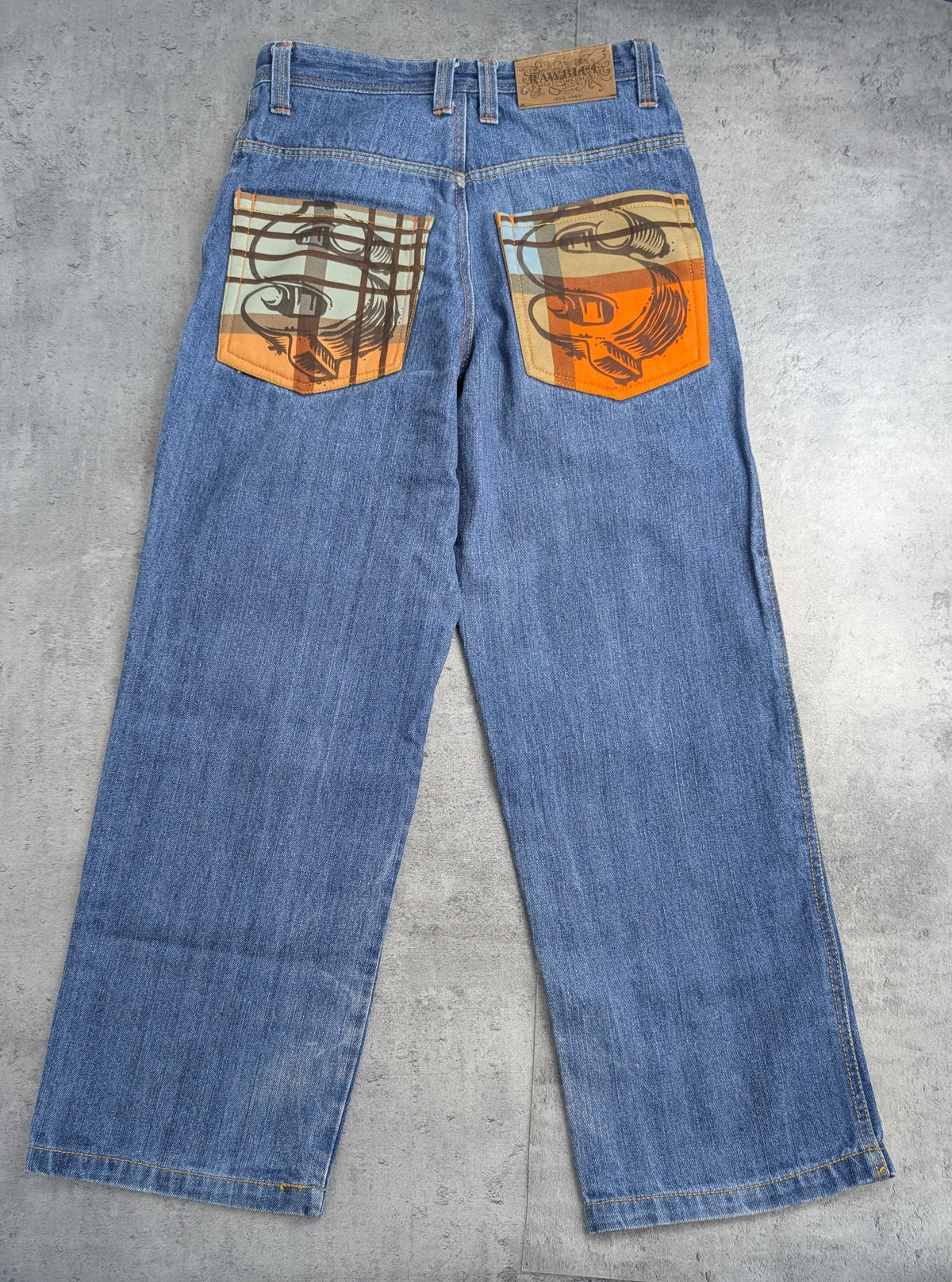 Raw Blue Dollar Sign Graphic Baggy Y2K Vintage Jeans Loose Fit HipHop RARE