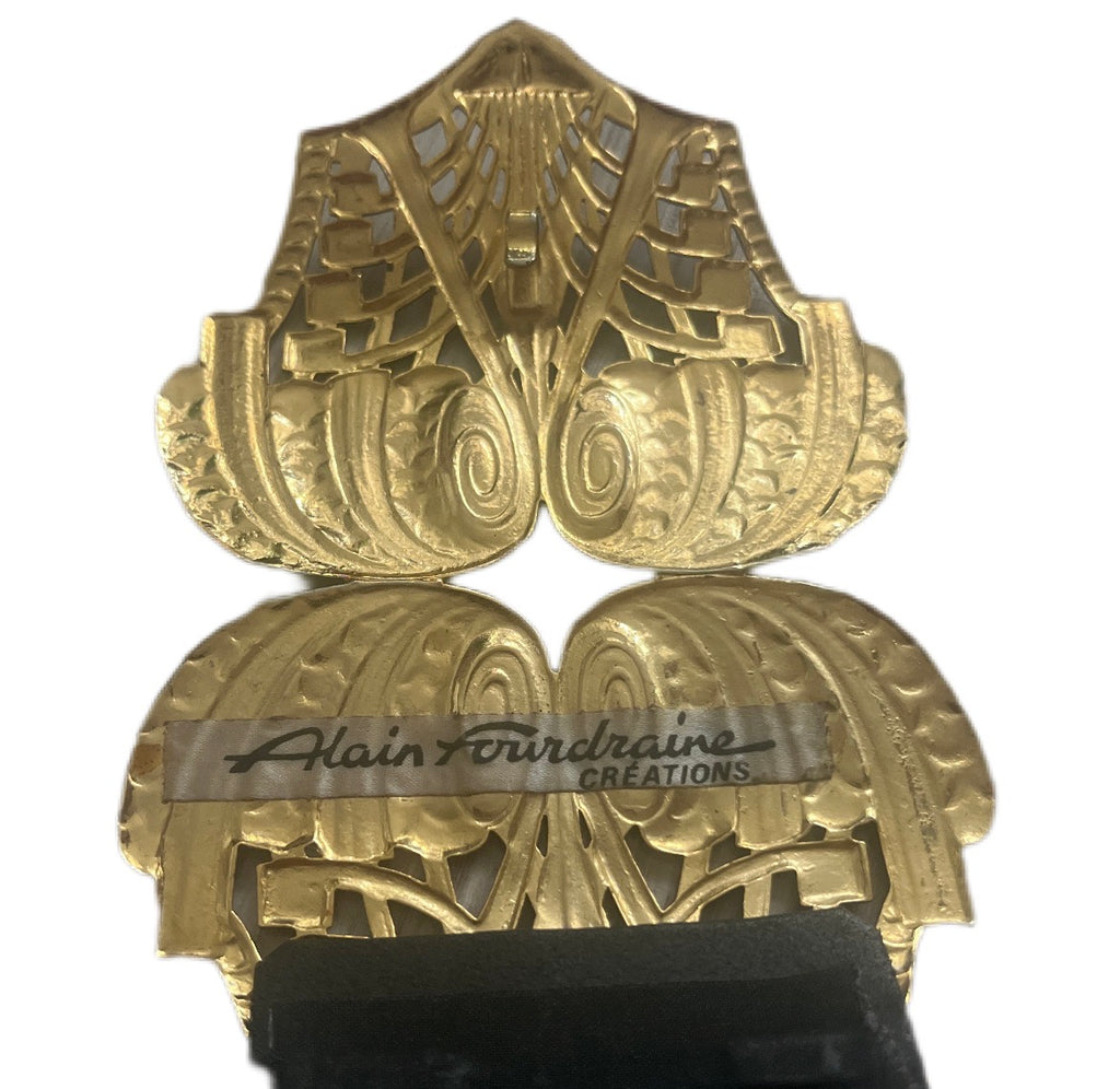 Stunning Alain Fourdraine Paris 1980s designer gold plate Art Nouveau styled belt Francuski pasek z duza ozdobną klamrą