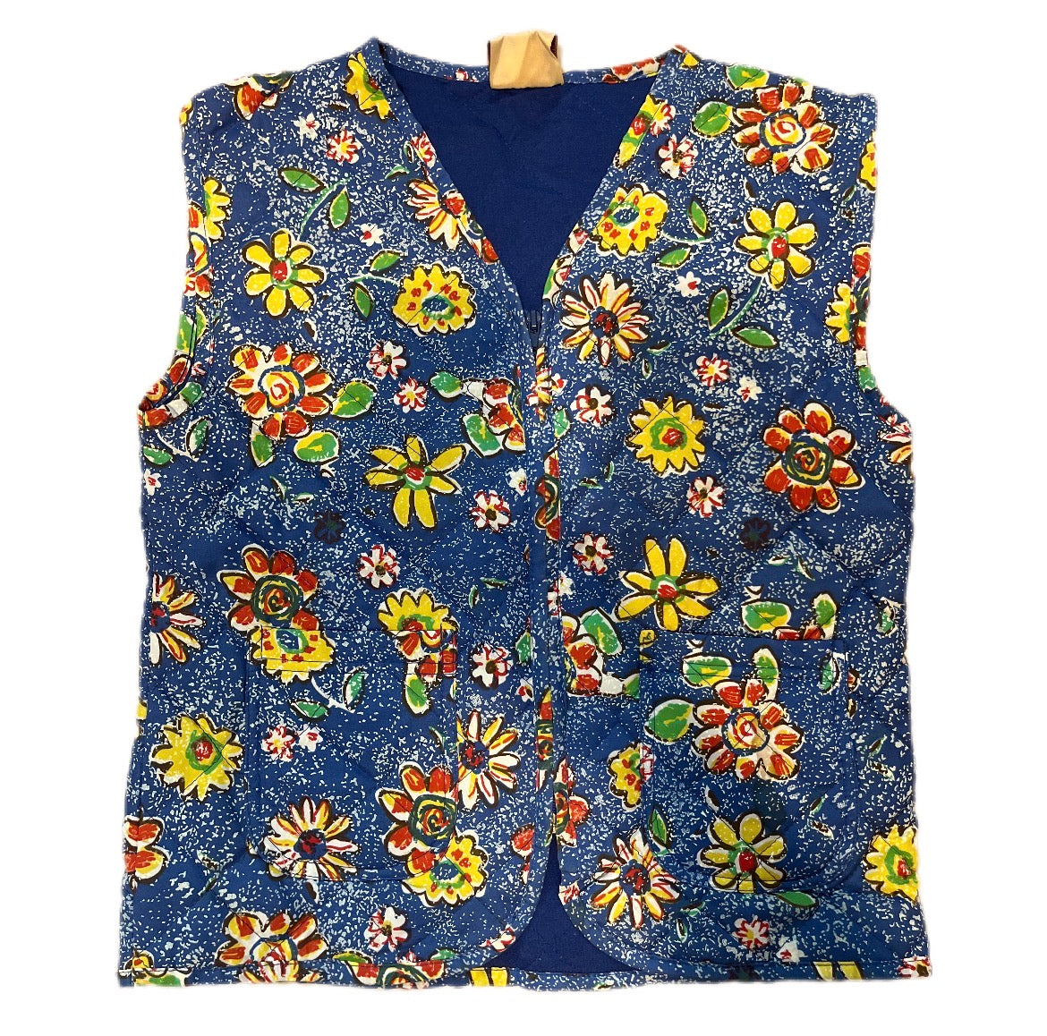 Vintage Boho 1990s Blue Floral Colorful Cotton Hippie Vest Kwiecista Flower Power festiwalowa kamizelka