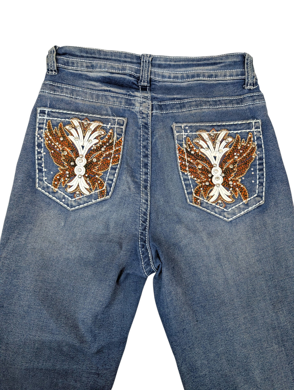 Vintage dzwony spodnie jeansowe flared jeans poszerzane nogawki y2k miss me embroidered hafty