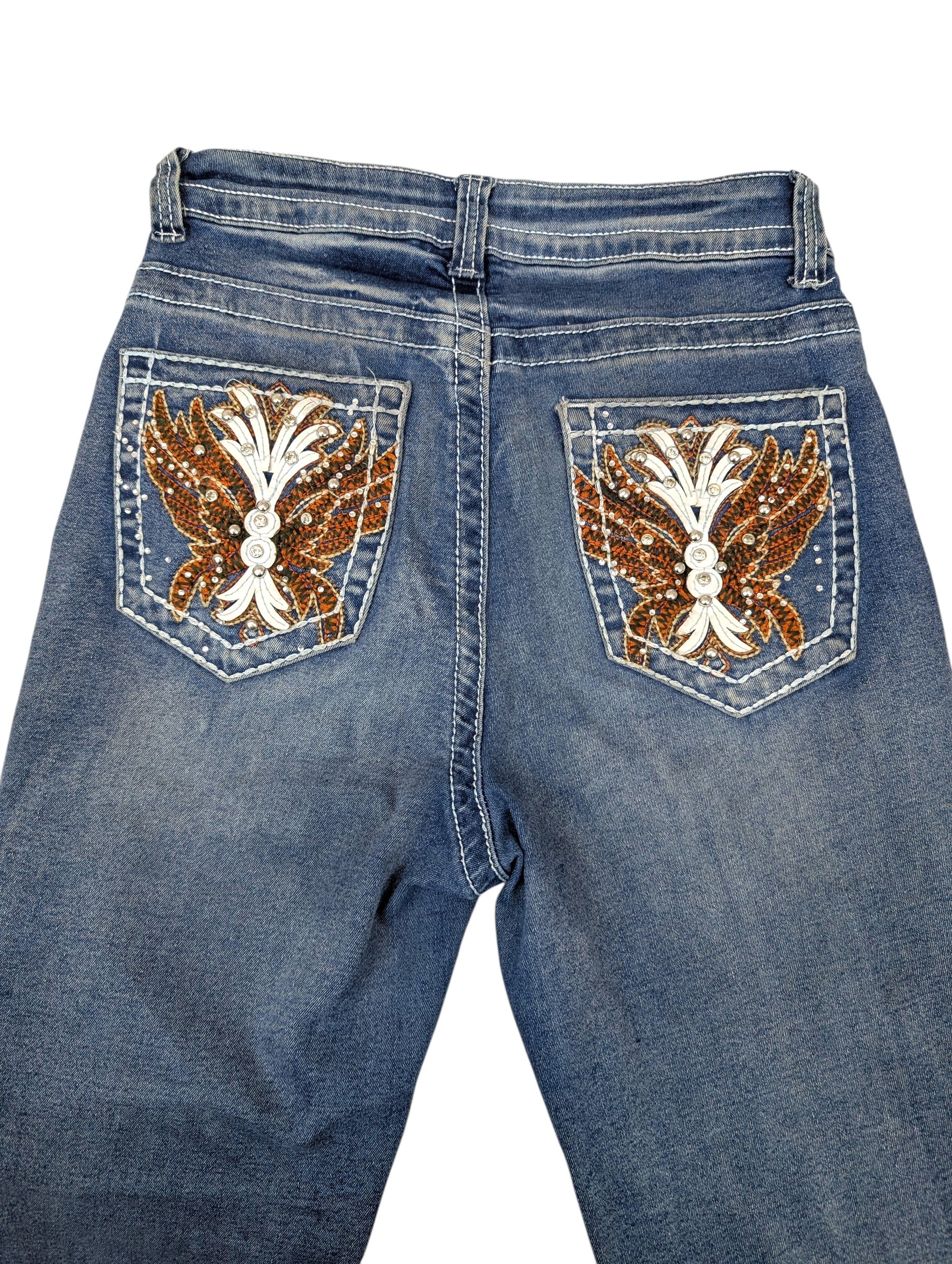 Vintage dzwony spodnie jeansowe flared jeans poszerzane nogawki y2k miss me embroidered hafty
