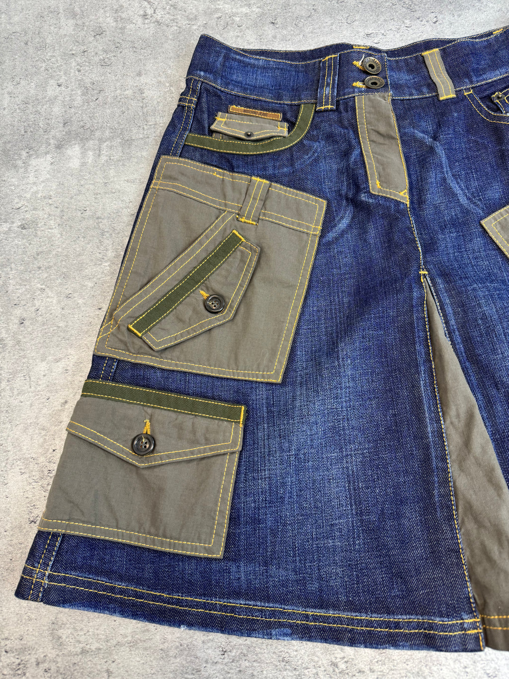 Moschino Jeans Cargo Utility Skirt Spódnica Military Patchwork Denim Jeansowa midi archive