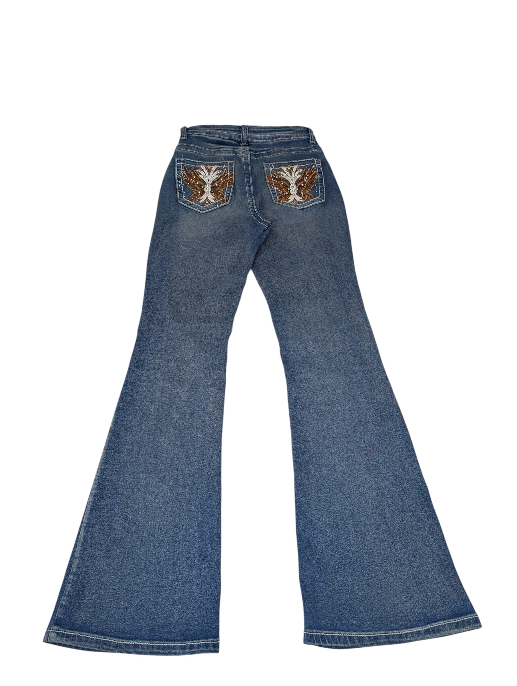 Vintage dzwony spodnie jeansowe flared jeans poszerzane nogawki y2k miss me embroidered hafty