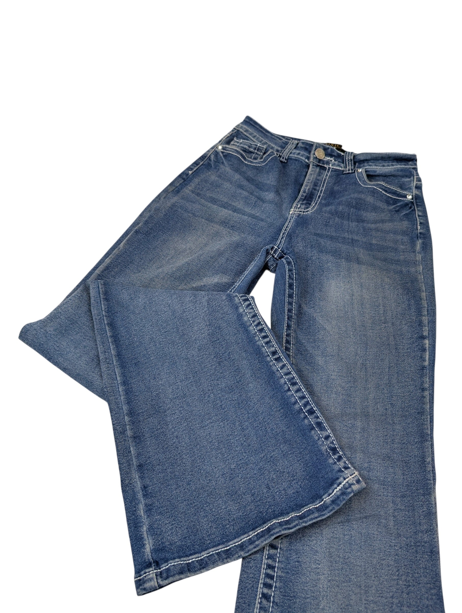 Vintage dzwony spodnie jeansowe flared jeans poszerzane nogawki y2k miss me embroidered hafty