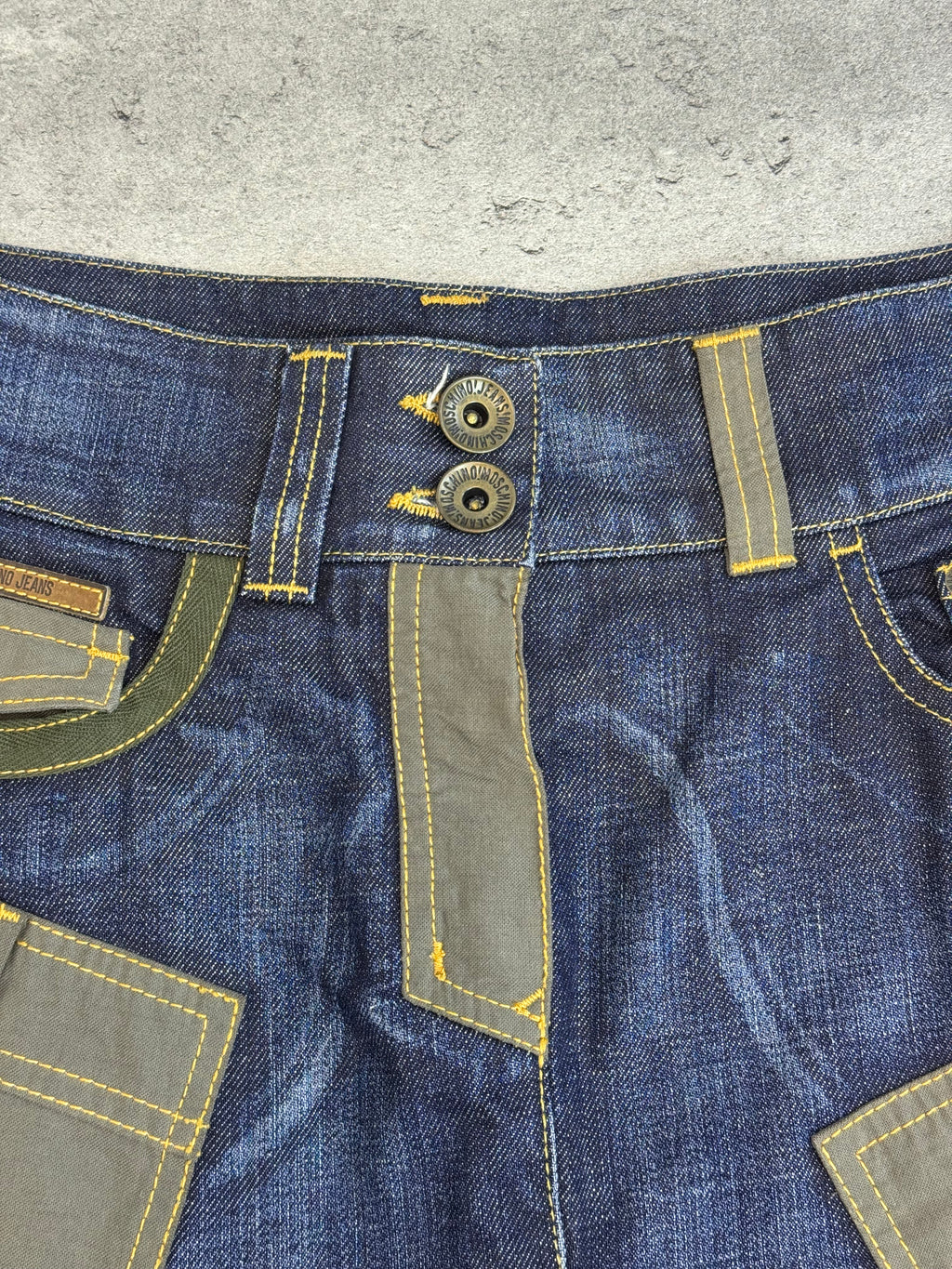 Moschino Jeans Cargo Utility Skirt Spódnica Military Patchwork Denim Jeansowa midi archive
