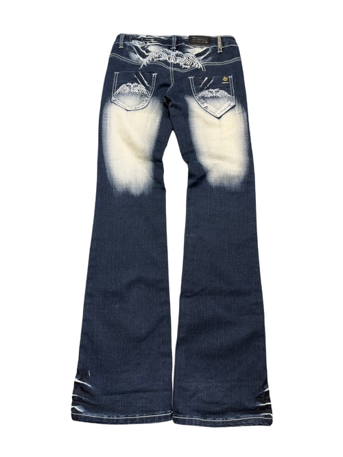 2000s flare tribal blue queen washed jeans y2k dzwony