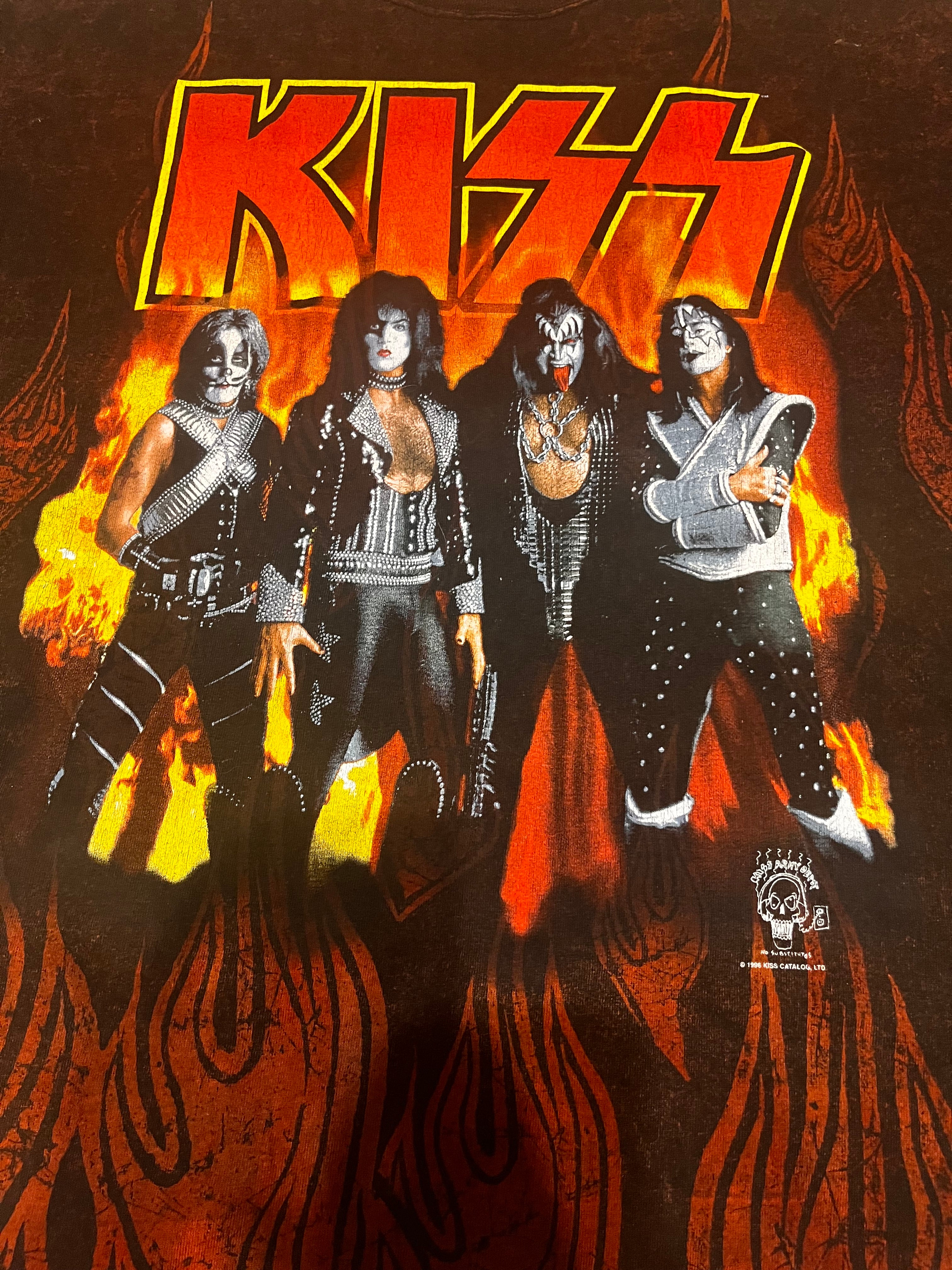 1990s Kiss band koncertowy t-shirt koszulka overprint flames płomienie