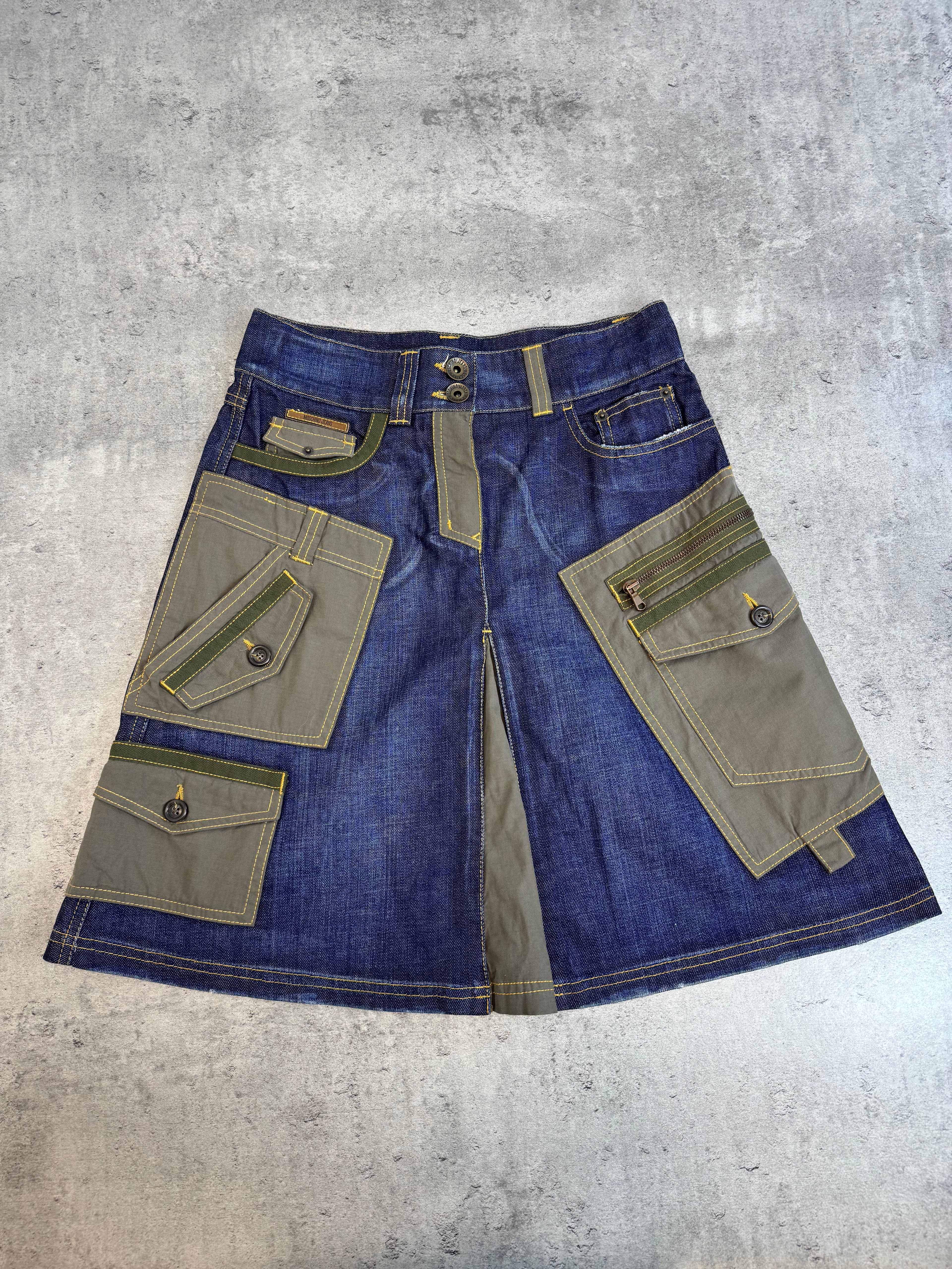 Moschino Jeans Cargo Utility Skirt Spódnica Military Patchwork Denim Jeansowa midi archive