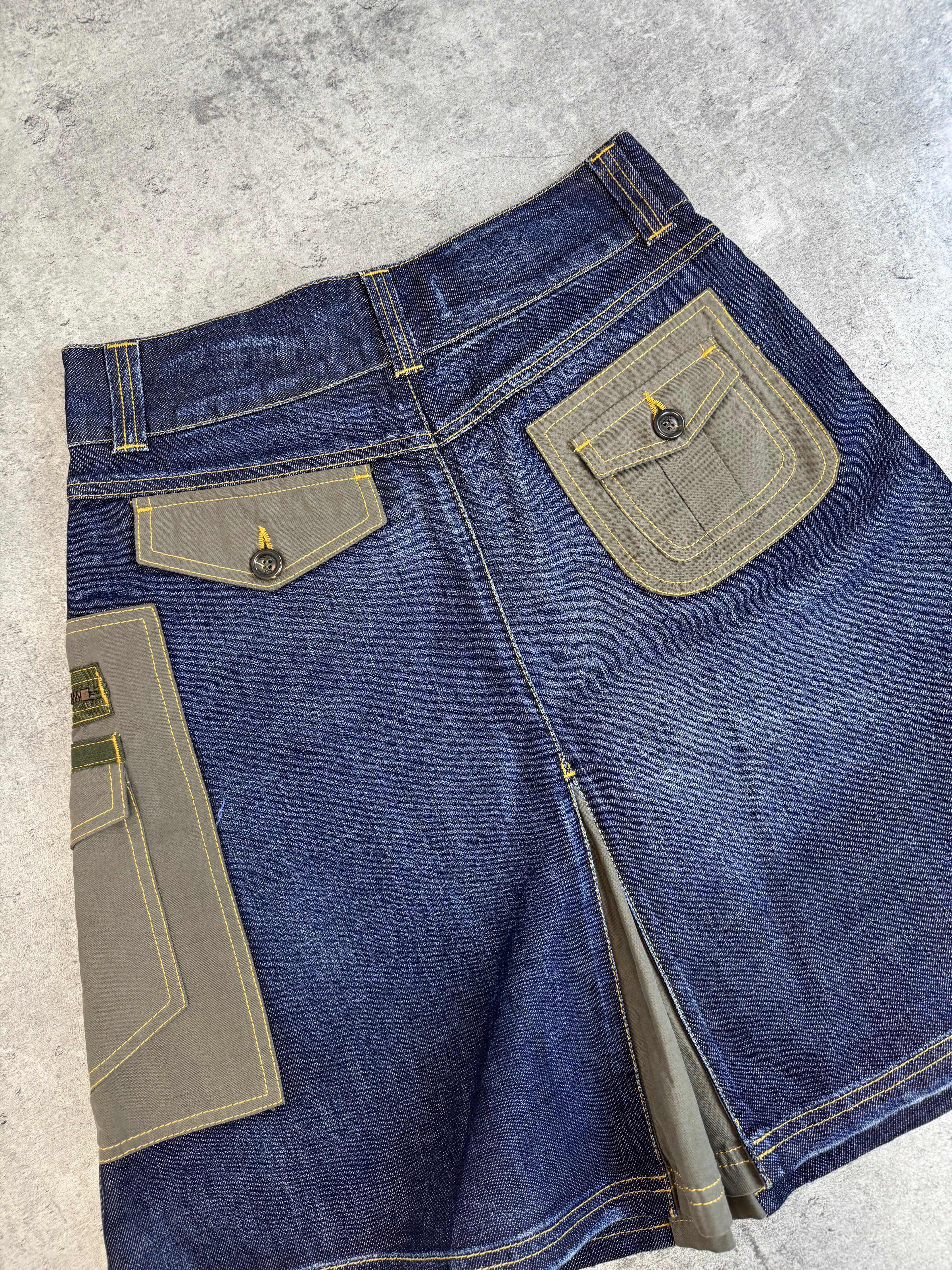 Moschino Jeans Cargo Utility Skirt Spódnica Military Patchwork Denim Jeansowa midi archive