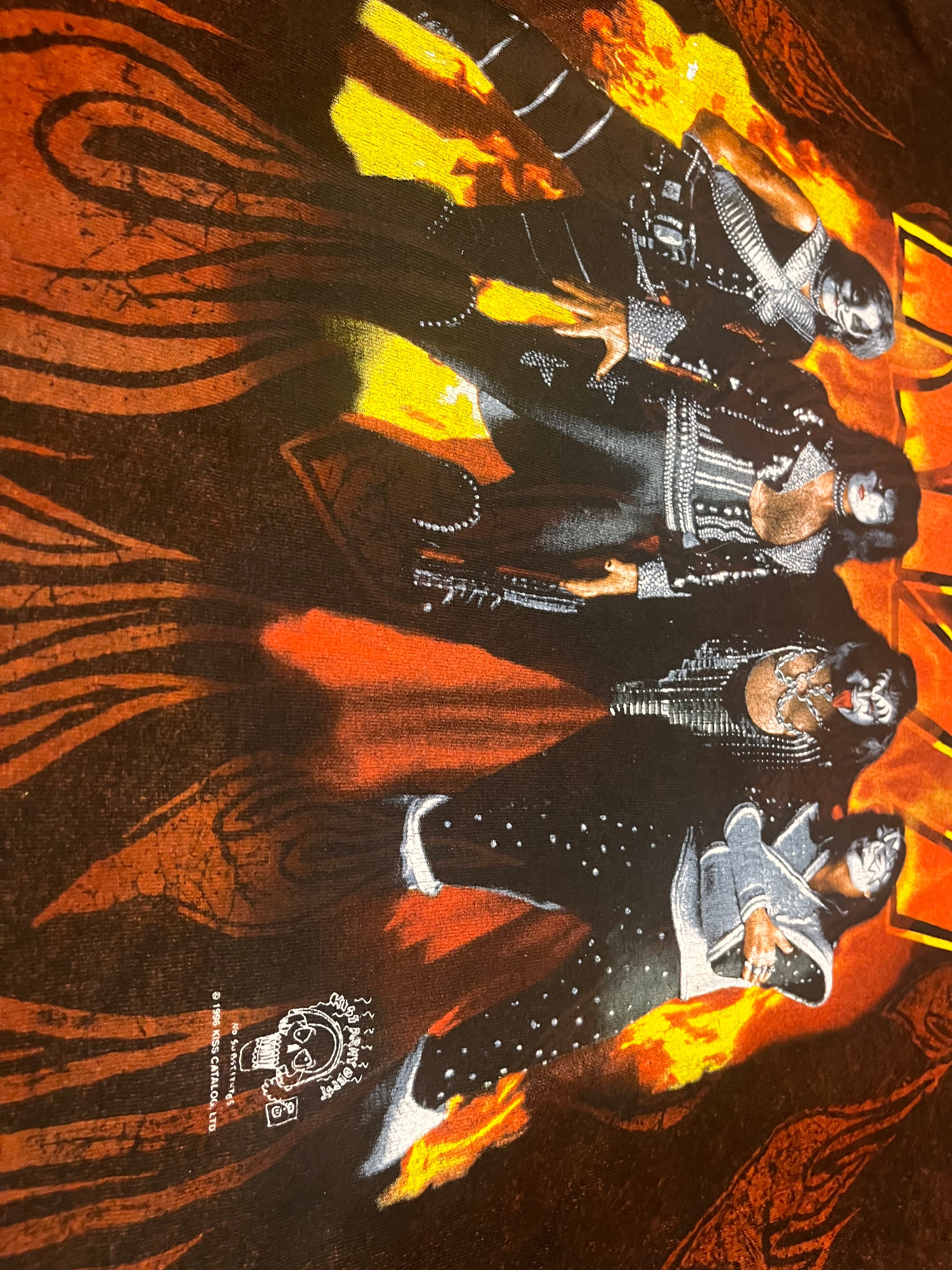 1990s Kiss band koncertowy t-shirt koszulka overprint flames płomienie