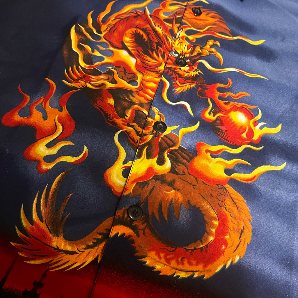 Y2K Japan Style Yisidun Fuzhuang Dragon Graphic Button Up Shirt koszula z krótkim rękawem