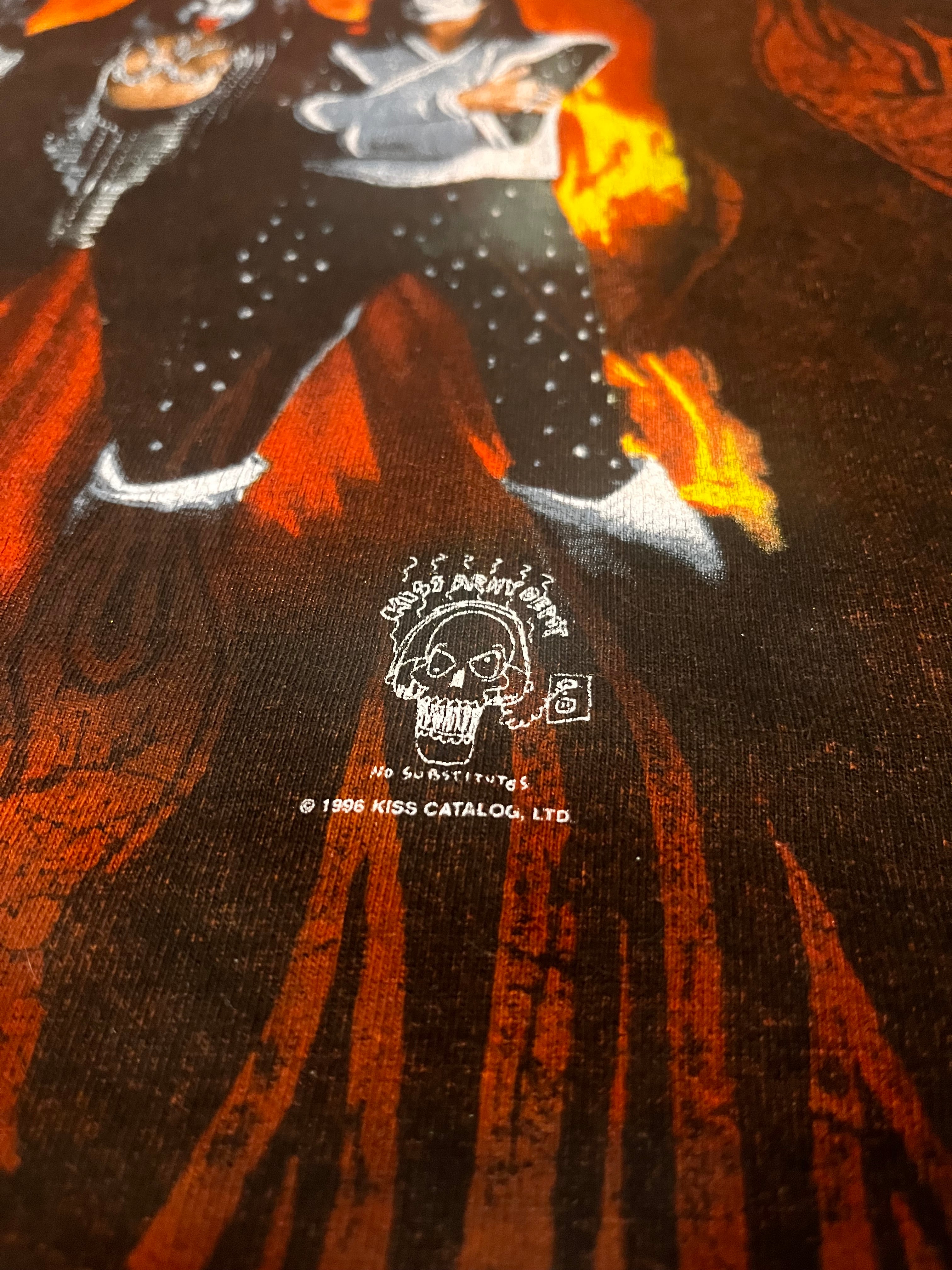 1990s Kiss band koncertowy t-shirt koszulka overprint flames płomienie