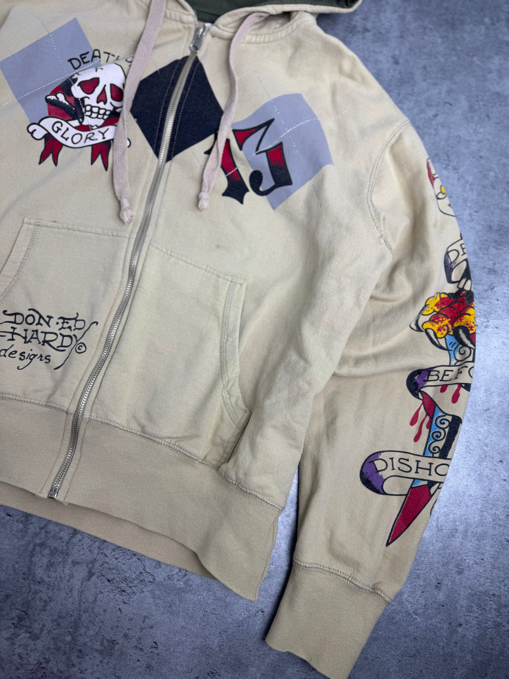 Ed Hardy Zip Up Y2K Hoodie Fleece Bluza z Kapturem rare 13 Christian Audigier