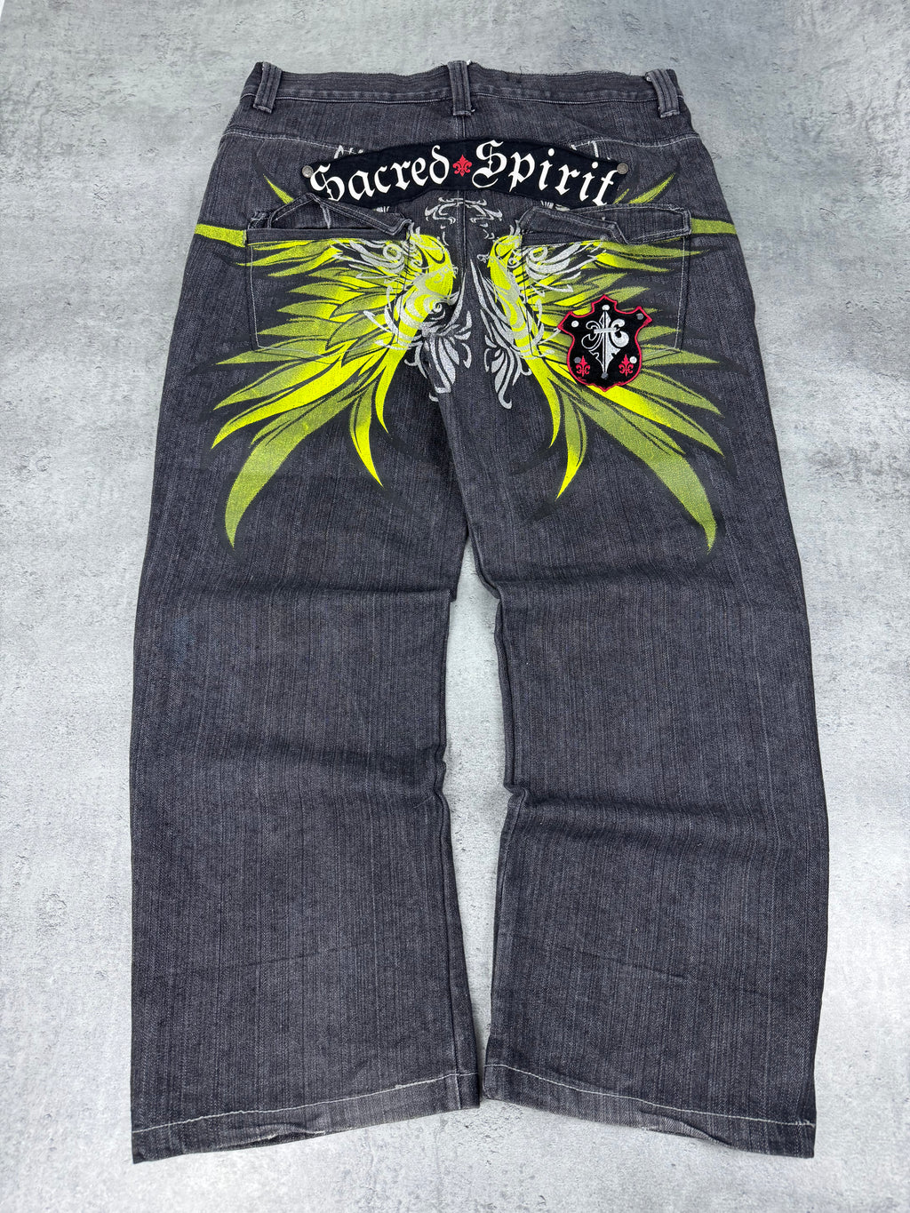 Raw Blue Sacred Spirit Baggy Wide Leg Loose Fit Spodnie Jeansowe Jeansy Denim Graphic Rap HipHop