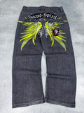 Raw Blue Sacred Spirit Baggy Wide Leg Loose Fit Spodnie Jeansowe Jeansy Denim Graphic Rap HipHop
