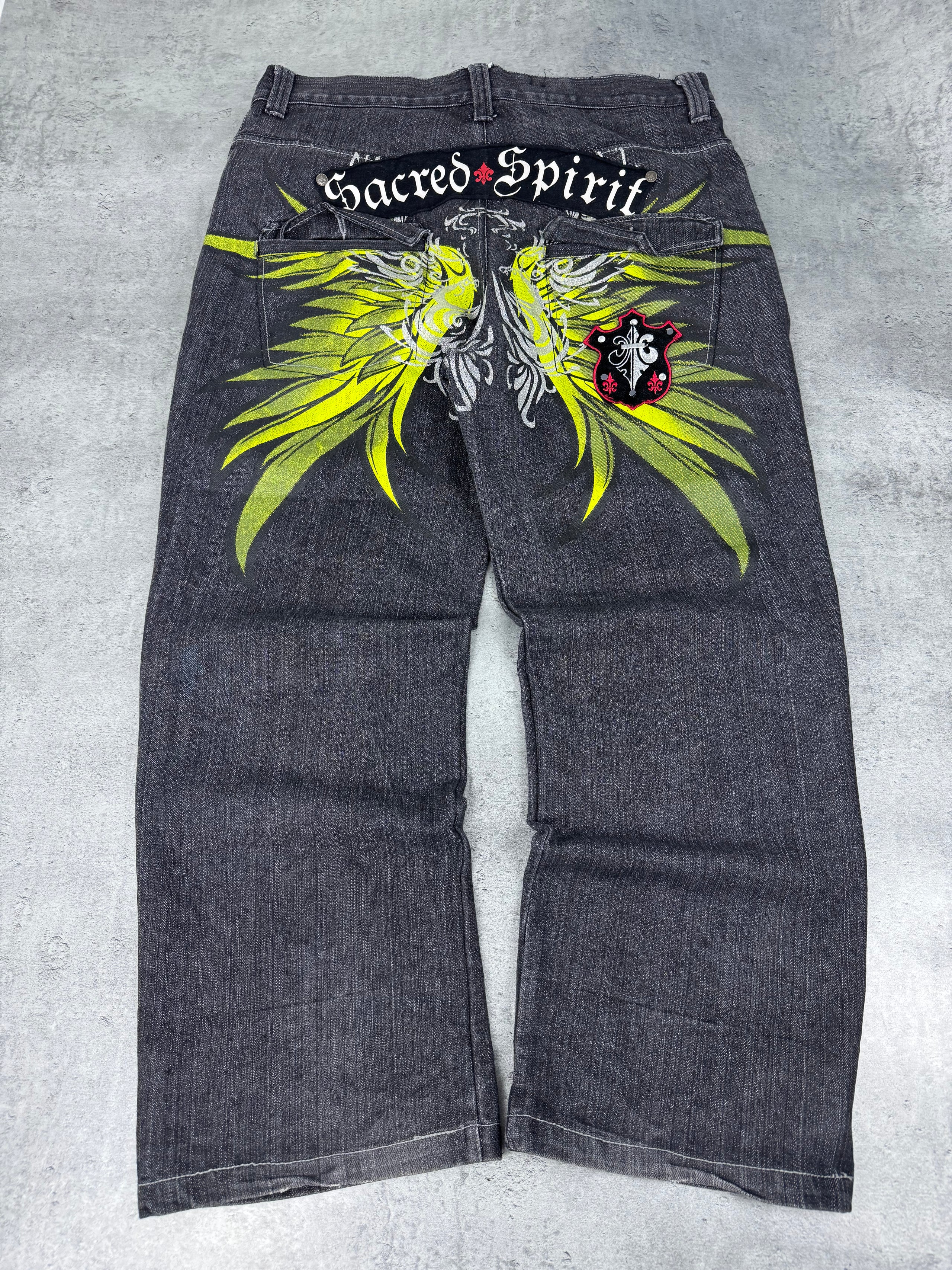 Raw Blue Sacred Spirit Baggy Wide Leg Loose Fit Spodnie Jeansowe Jeansy Denim Graphic Rap HipHop