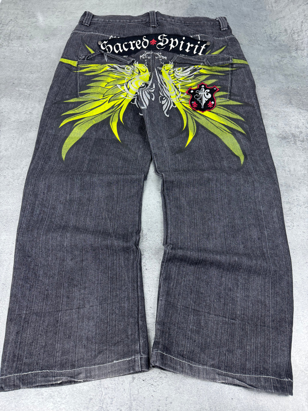 Raw Blue Sacred Spirit Baggy Wide Leg Loose Fit Spodnie Jeansowe Jeansy Denim Graphic Rap HipHop