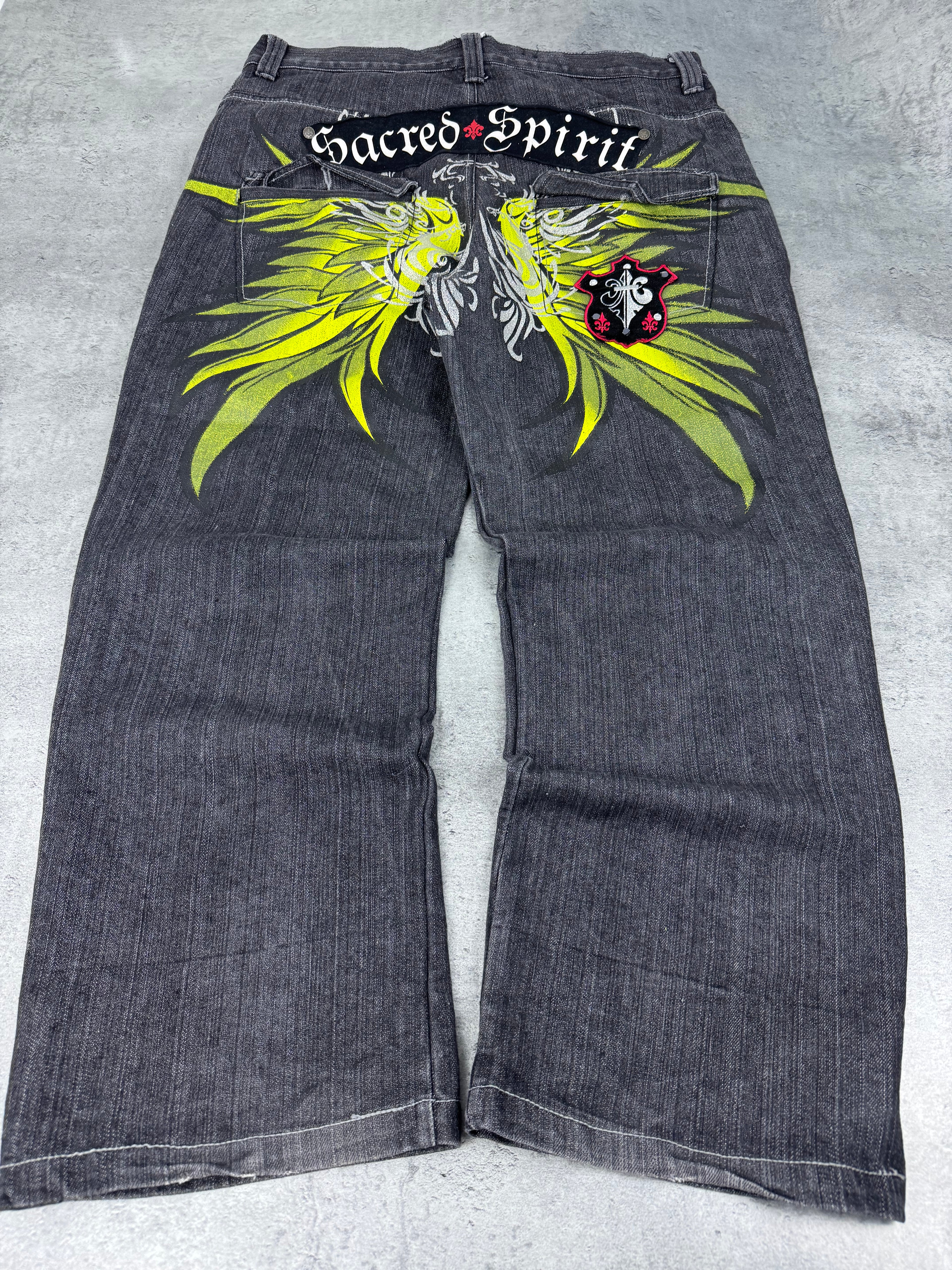 Raw Blue Sacred Spirit Baggy Wide Leg Loose Fit Spodnie Jeansowe Jeansy Denim Graphic Rap HipHop