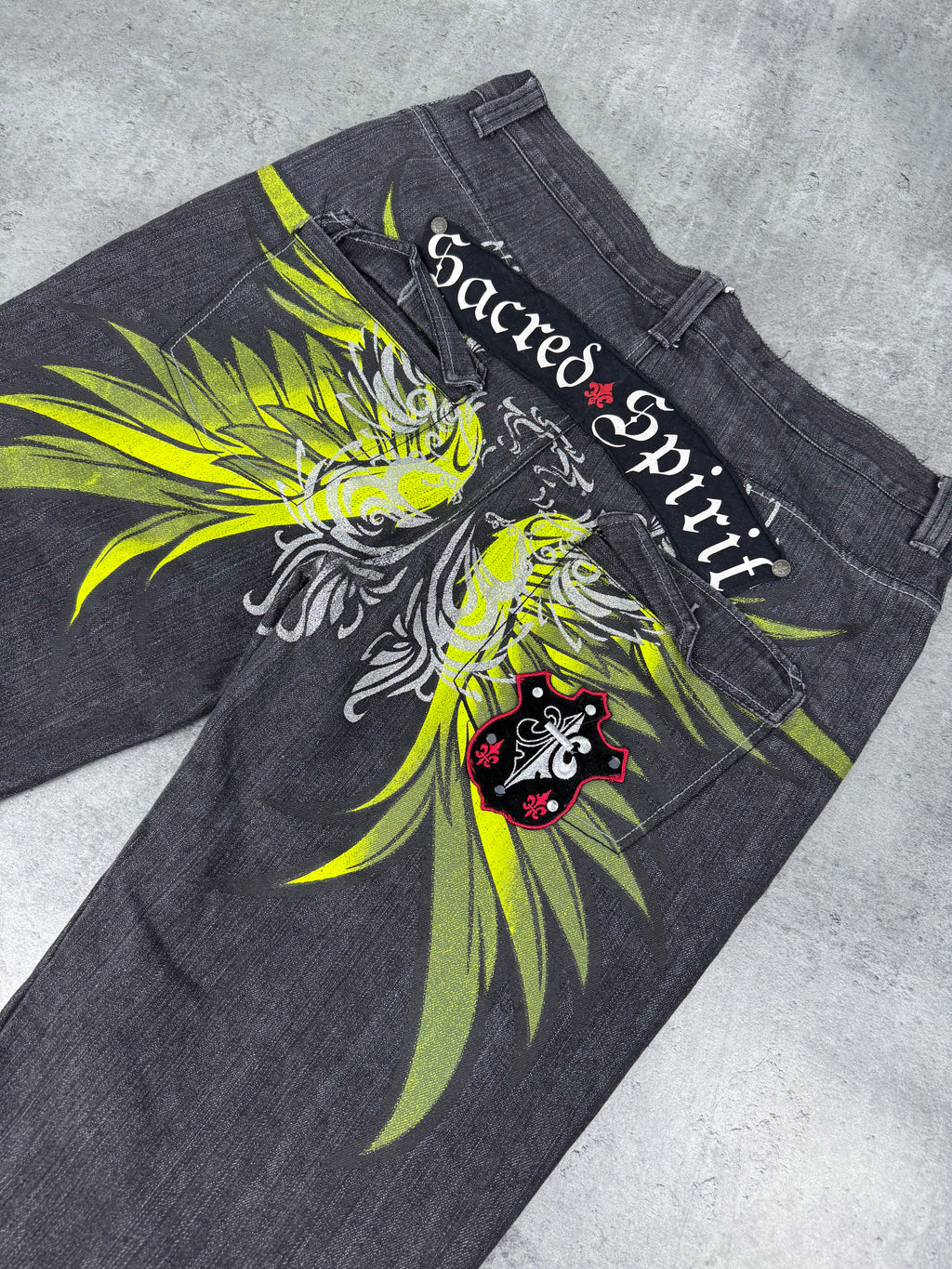 Raw Blue Sacred Spirit Baggy Wide Leg Loose Fit Spodnie Jeansowe Jeansy Denim Graphic Rap HipHop