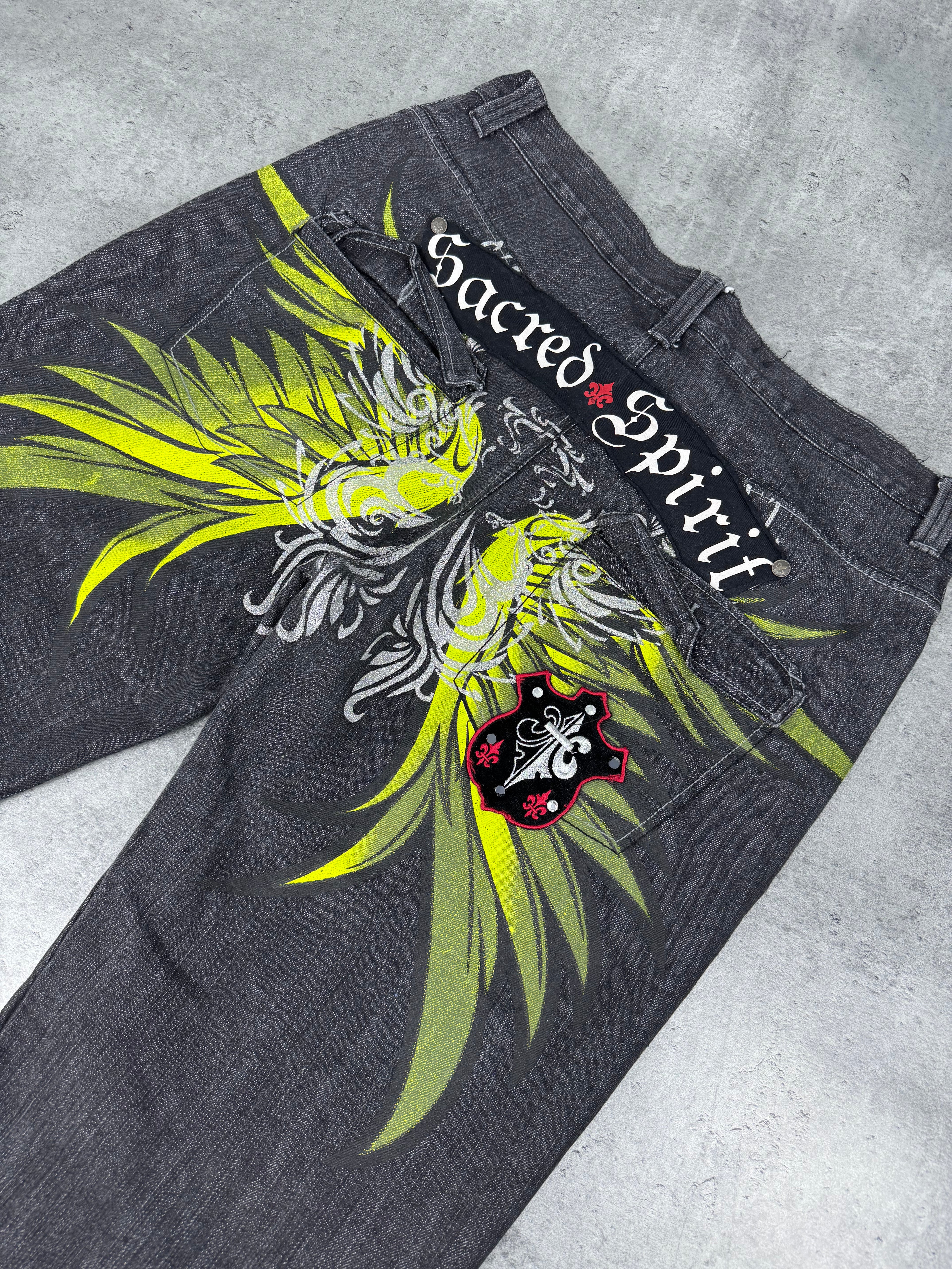 Raw Blue Sacred Spirit Baggy Wide Leg Loose Fit Spodnie Jeansowe Jeansy Denim Graphic Rap HipHop