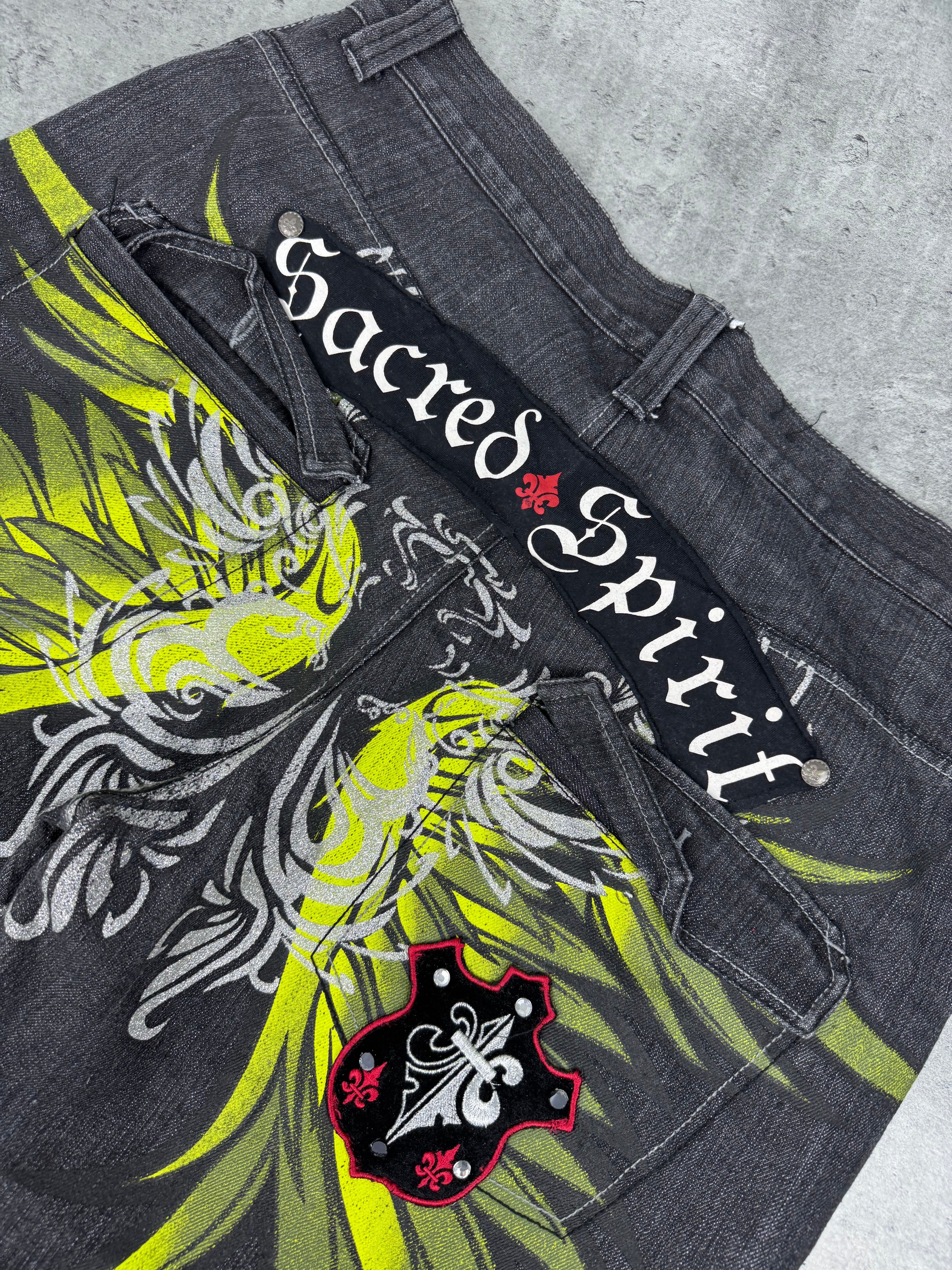 Raw Blue Sacred Spirit Baggy Wide Leg Loose Fit Spodnie Jeansowe Jeansy Denim Graphic Rap HipHop