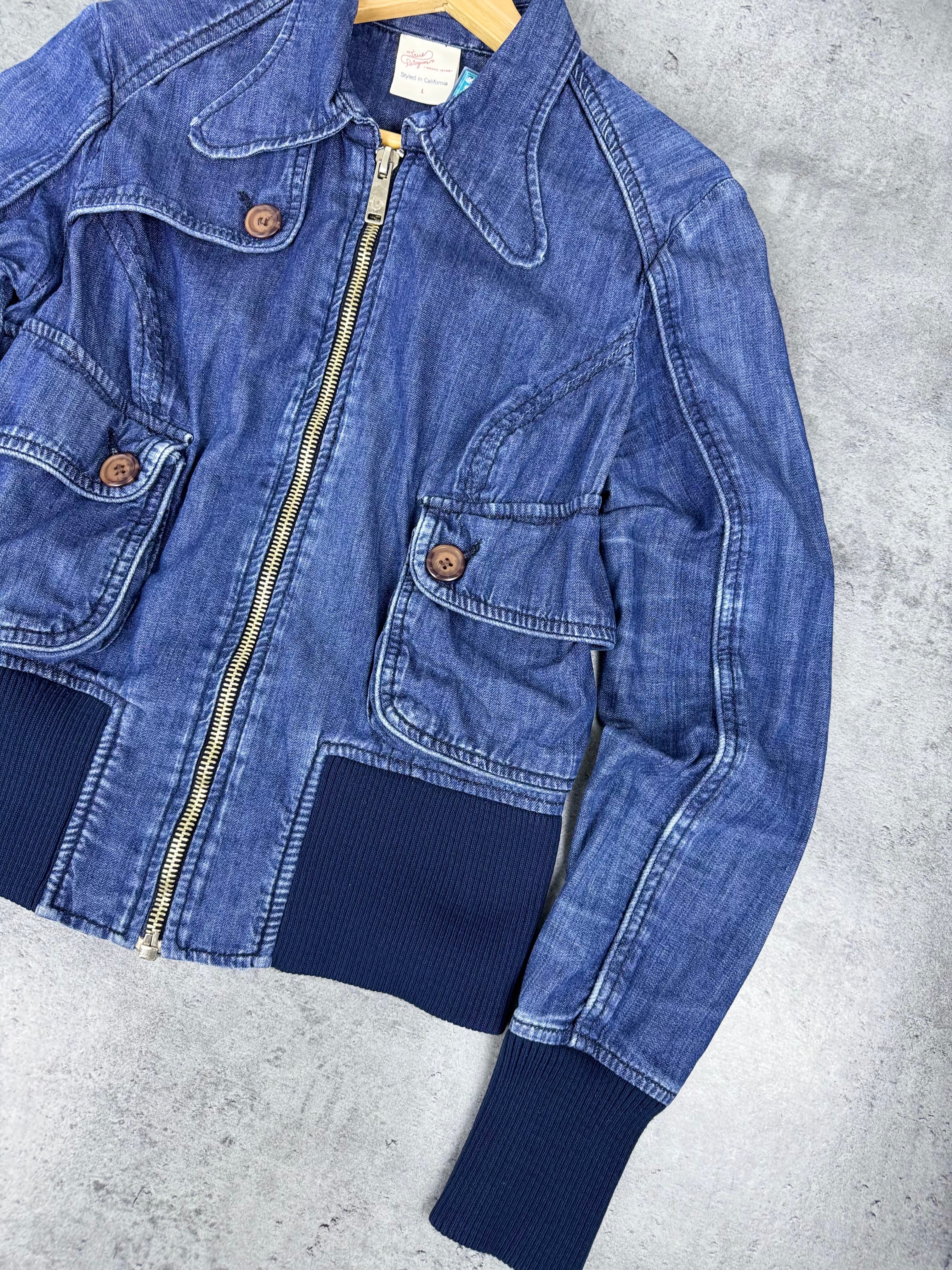 True Religion Jeans Bomber Jacket Bomberka Y2K Cropped Boxy Denim Trucker 2000s