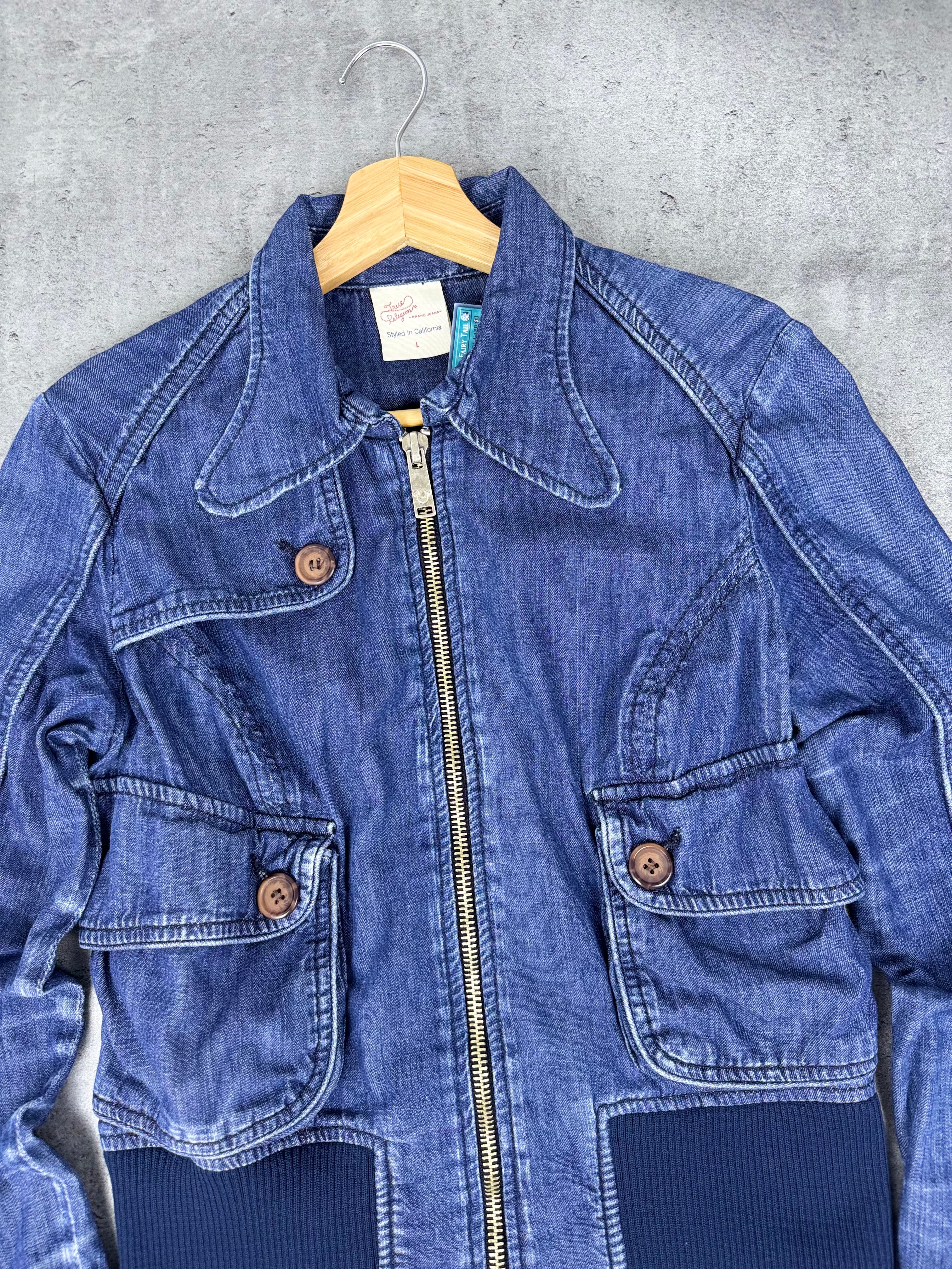 True Religion Jeans Bomber Jacket Bomberka Y2K Cropped Boxy Denim Trucker 2000s
