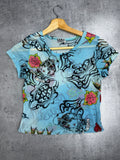 Ed Hardy Style Mesh Top Prześwitująca Przeźroczysta Tattoo Y2K Style Top Koszulka Bluzka