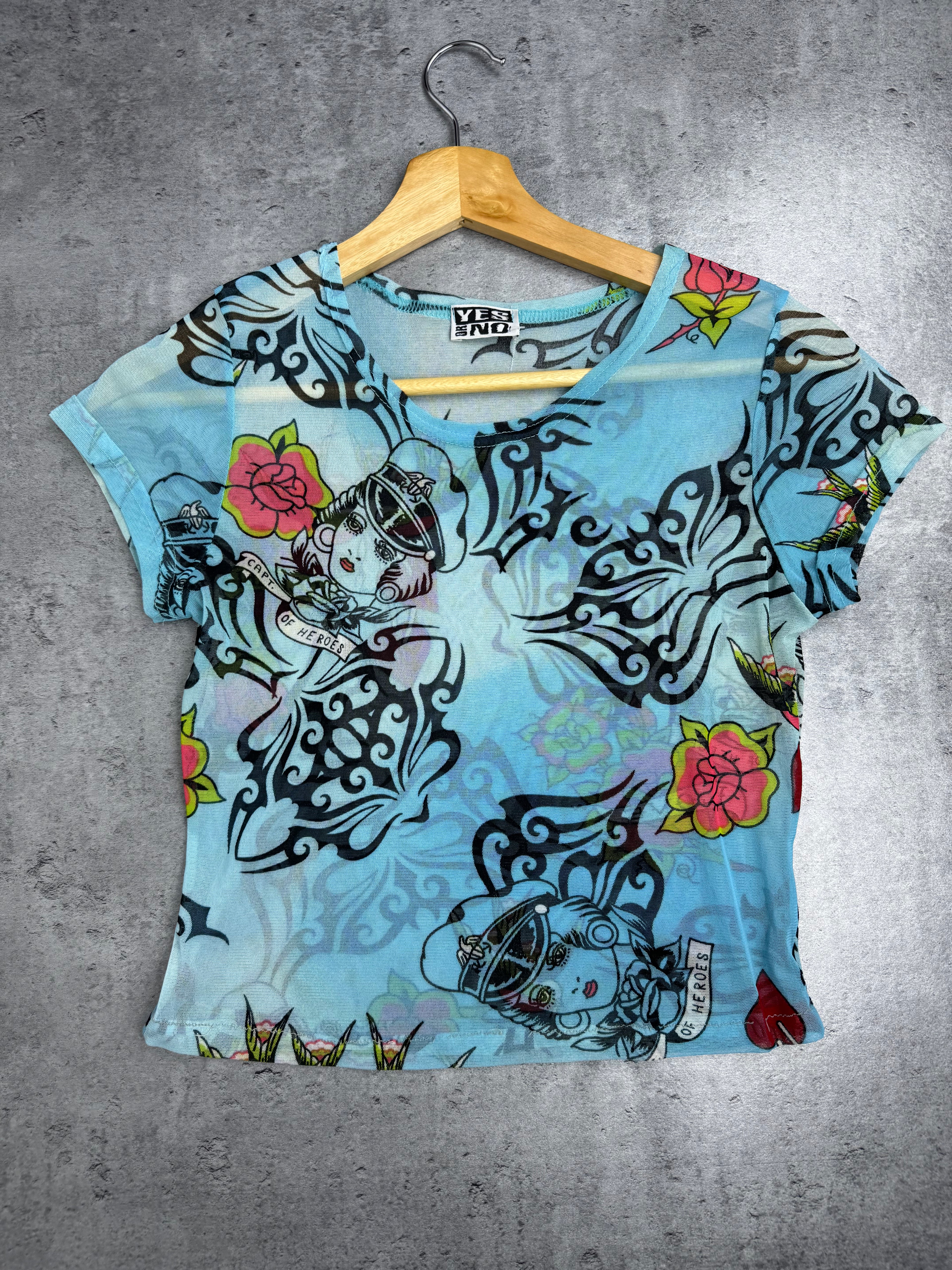 Ed Hardy Style Mesh Top Prześwitująca Przeźroczysta Tattoo Y2K Style Top Koszulka Bluzka