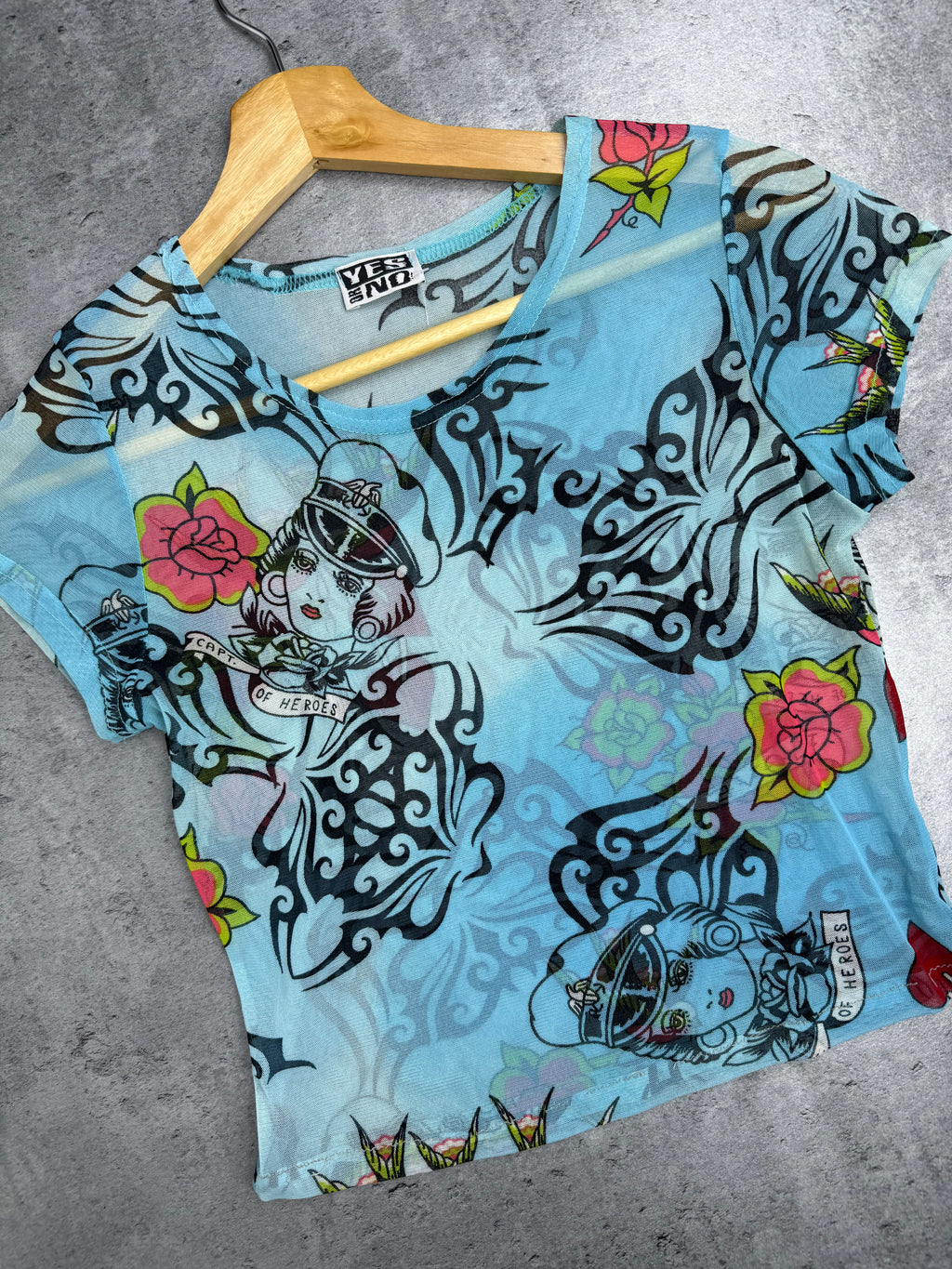 Ed Hardy Style Mesh Top Prześwitująca Przeźroczysta Tattoo Y2K Style Top Koszulka Bluzka
