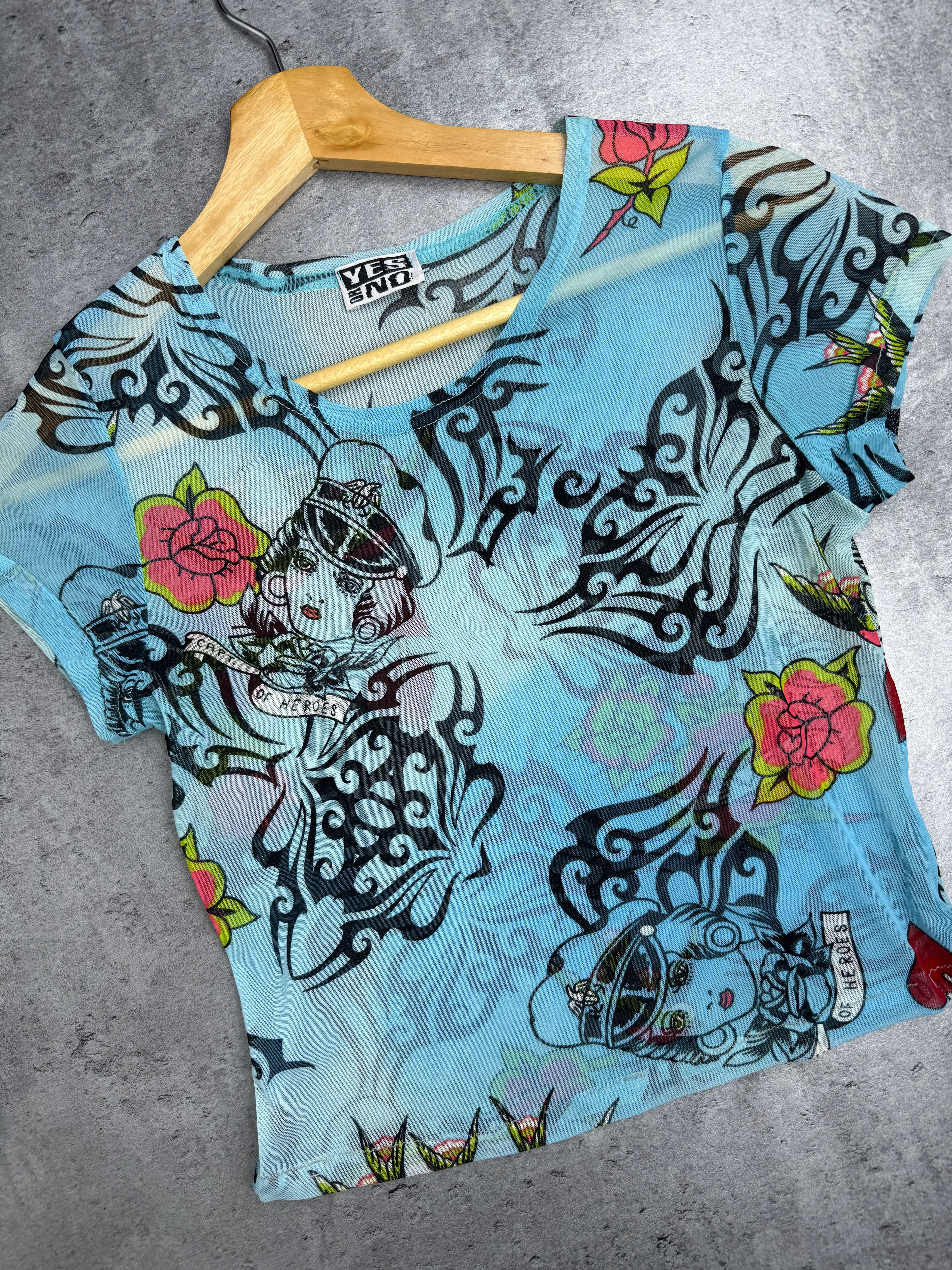 Ed Hardy Style Mesh Top Prześwitująca Przeźroczysta Tattoo Y2K Style Top Koszulka Bluzka