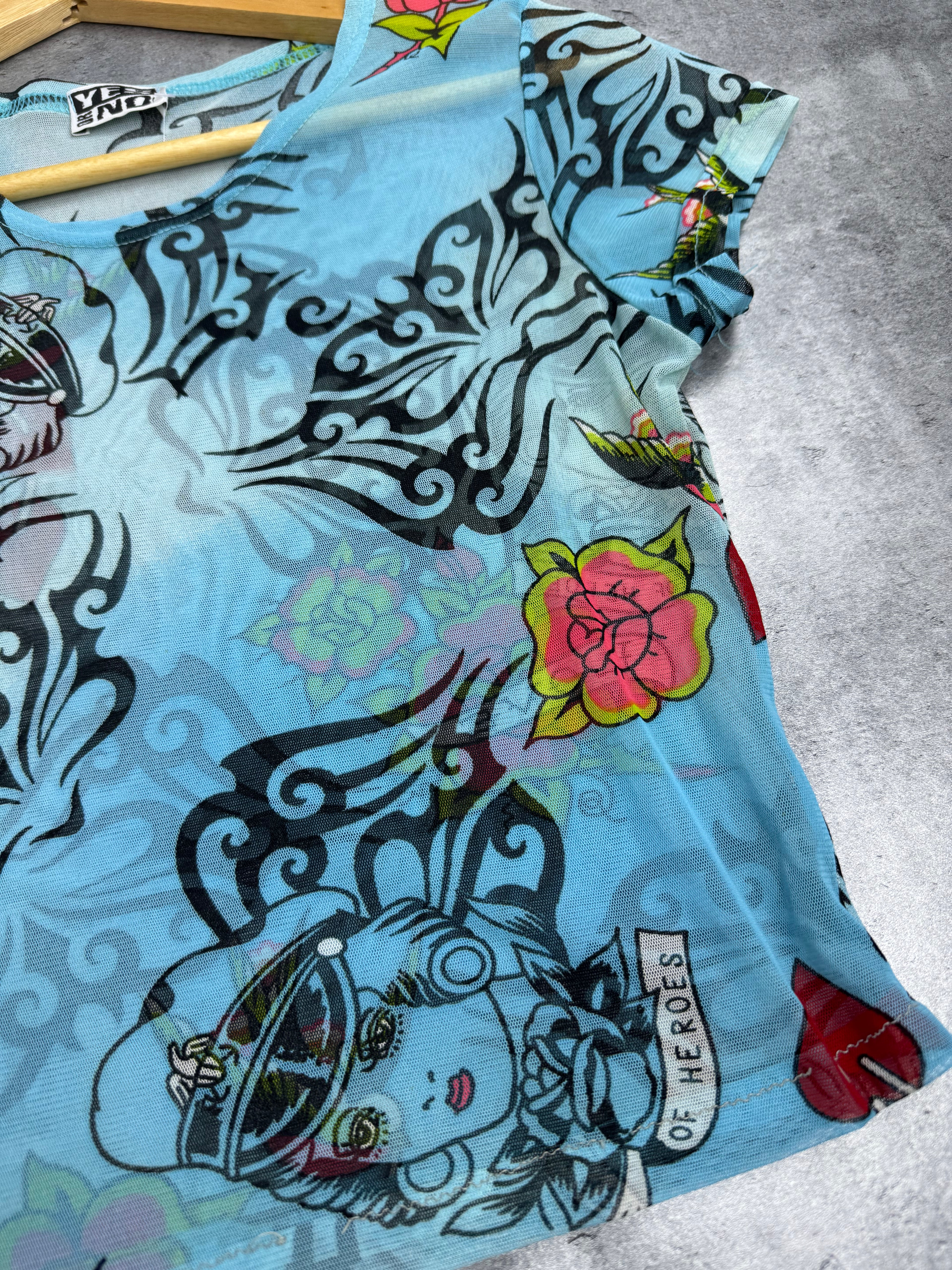 Ed Hardy Style Mesh Top Prześwitująca Przeźroczysta Tattoo Y2K Style Top Koszulka Bluzka