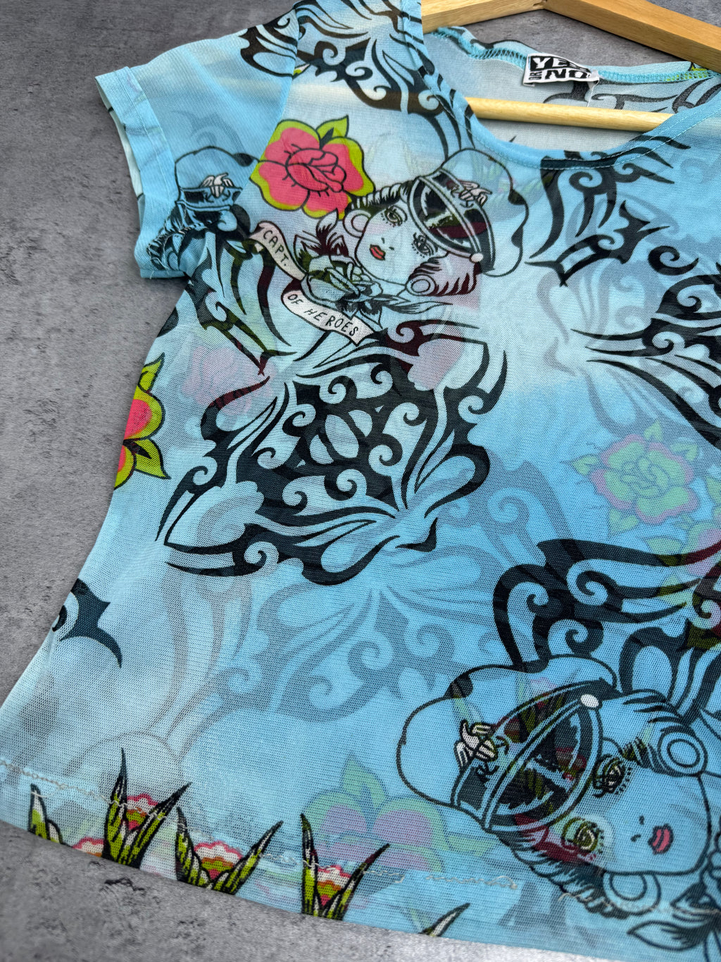 Ed Hardy Style Mesh Top Prześwitująca Przeźroczysta Tattoo Y2K Style Top Koszulka Bluzka