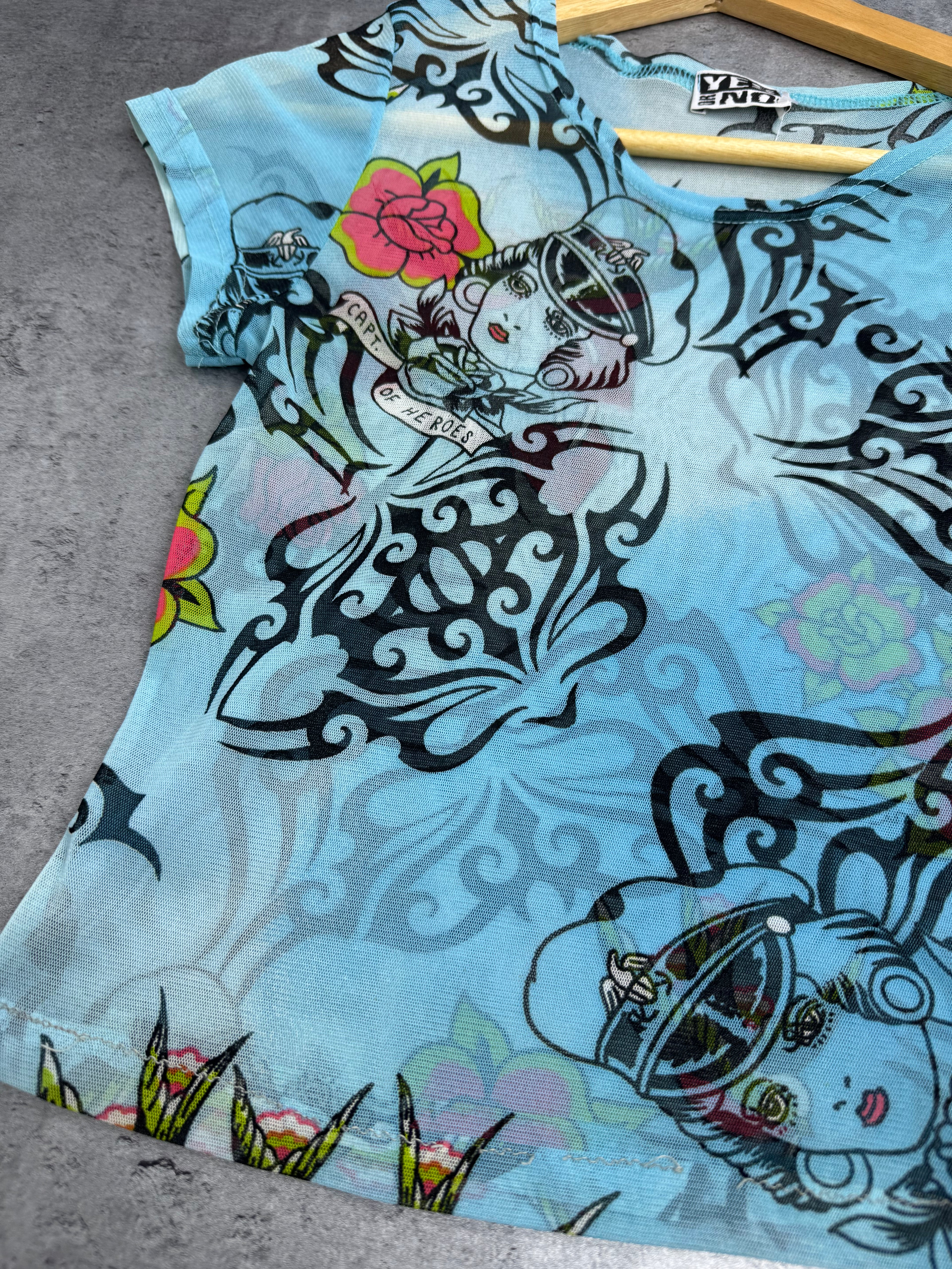 Ed Hardy Style Mesh Top Prześwitująca Przeźroczysta Tattoo Y2K Style Top Koszulka Bluzka