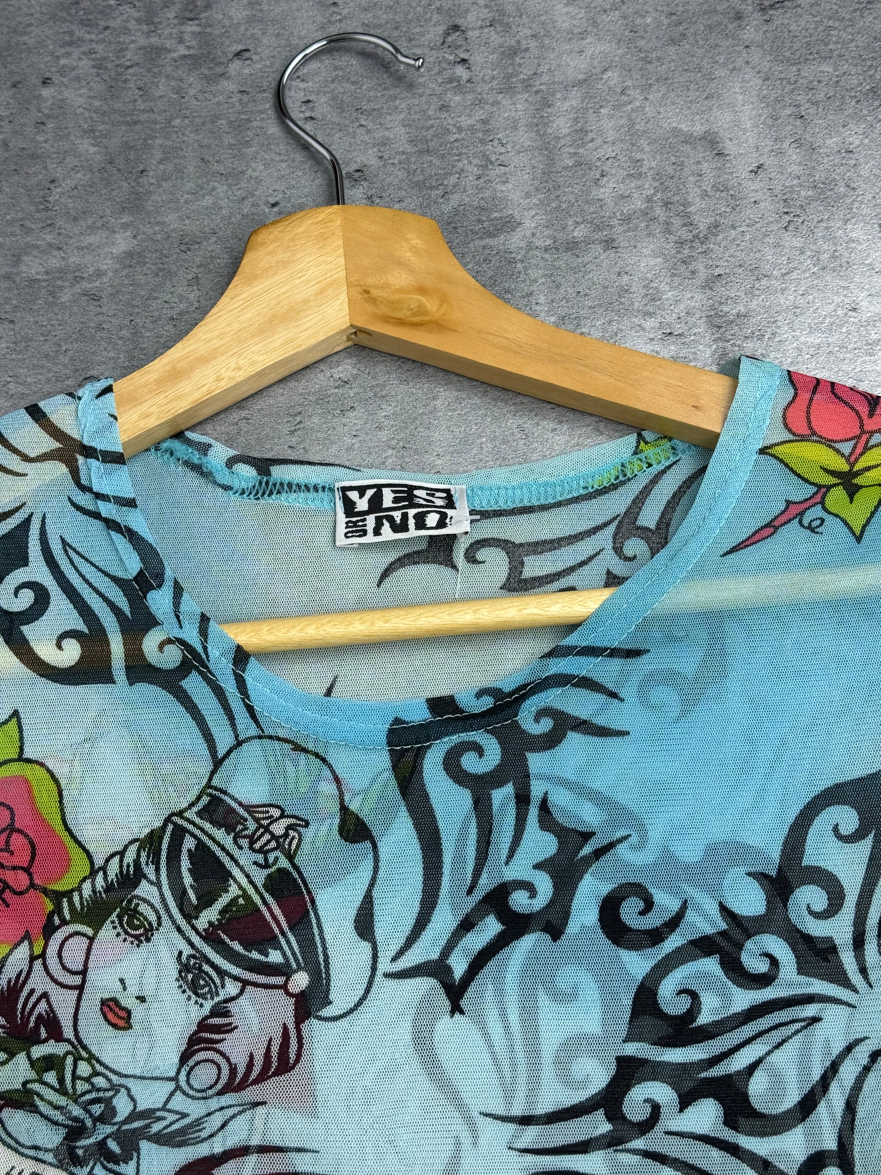 Ed Hardy Style Mesh Top Prześwitująca Przeźroczysta Tattoo Y2K Style Top Koszulka Bluzka