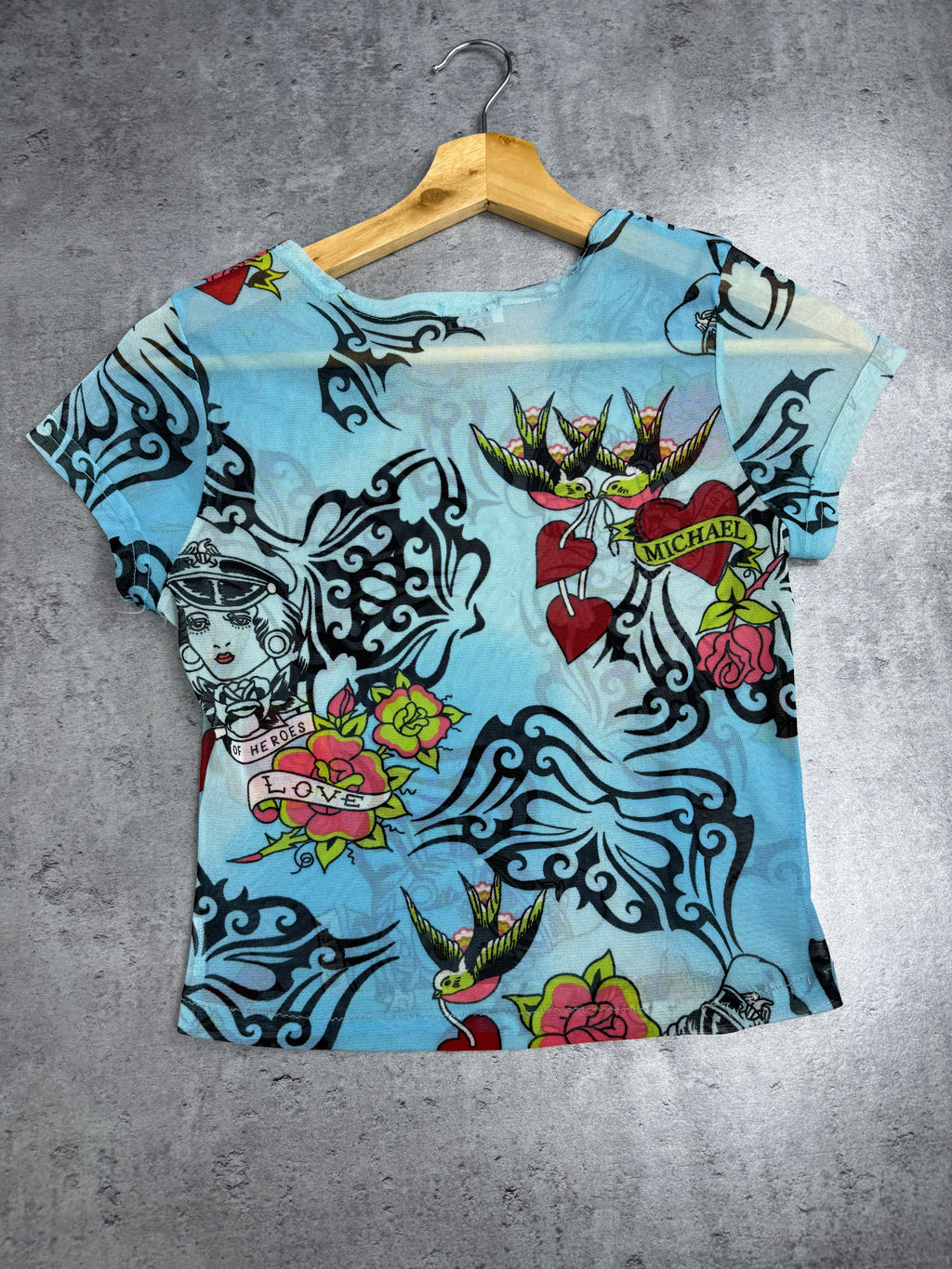 Ed Hardy Style Mesh Top Prześwitująca Przeźroczysta Tattoo Y2K Style Top Koszulka Bluzka