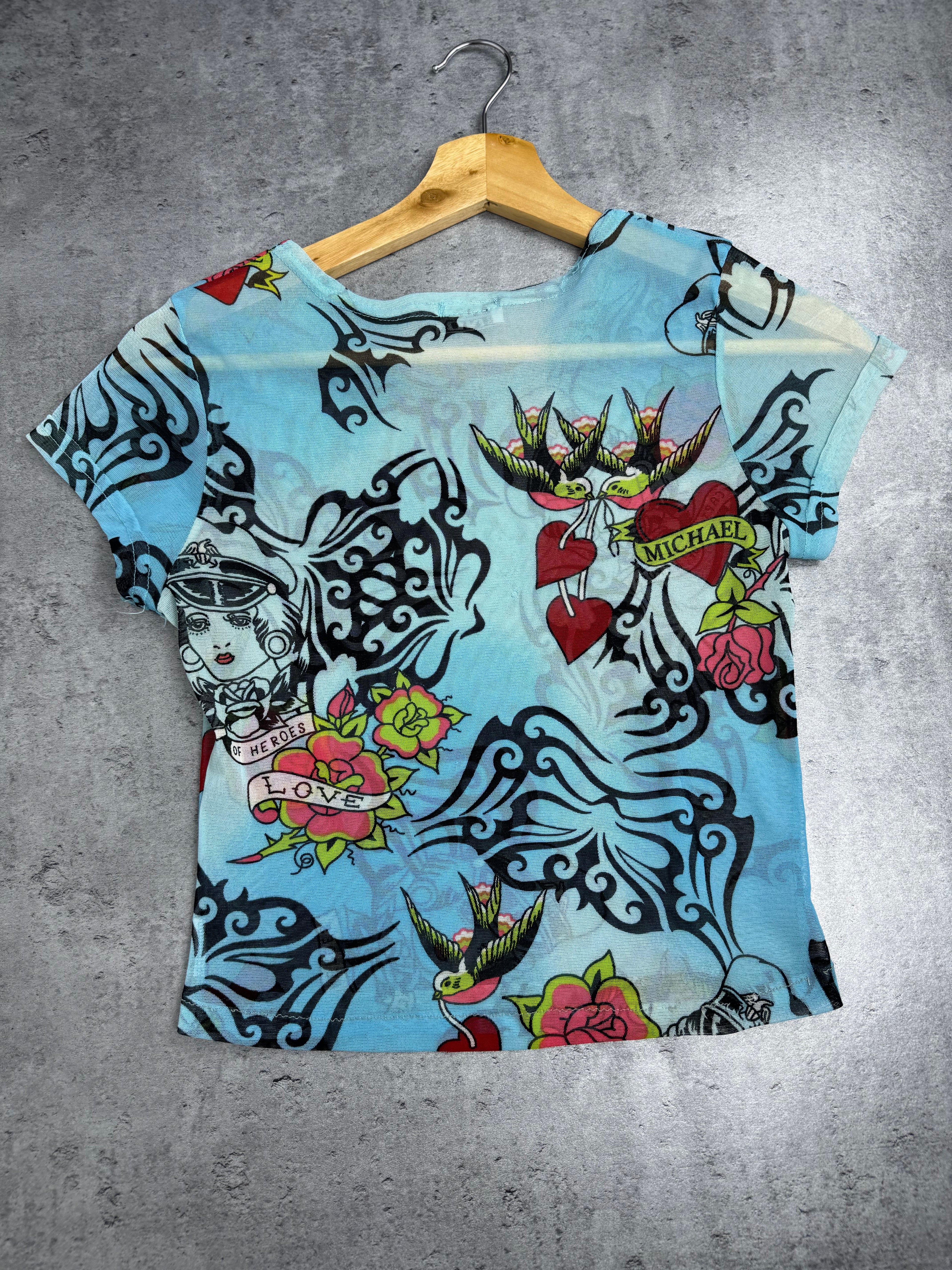 Ed Hardy Style Mesh Top Prześwitująca Przeźroczysta Tattoo Y2K Style Top Koszulka Bluzka