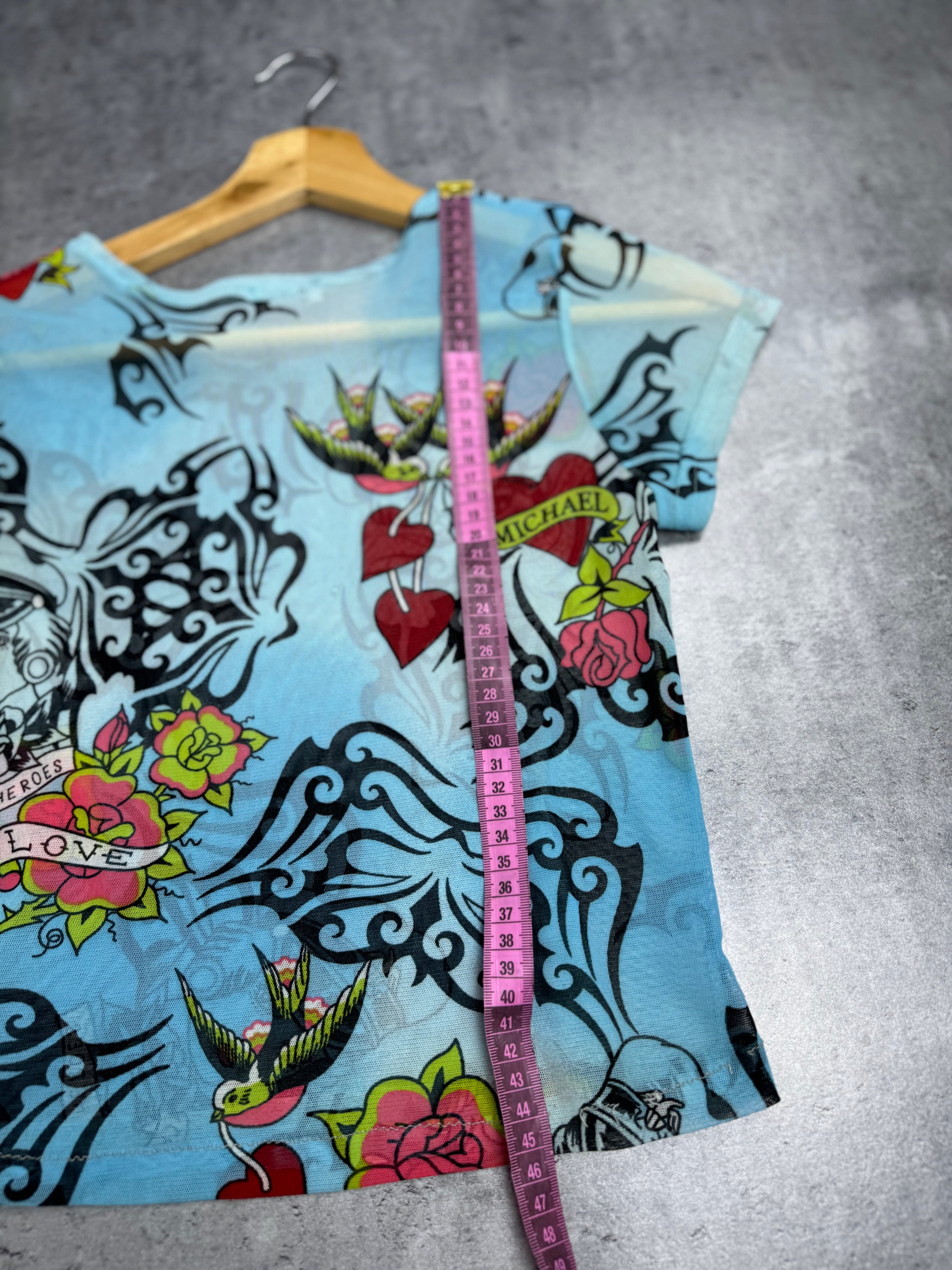 Ed Hardy Style Mesh Top Prześwitująca Przeźroczysta Tattoo Y2K Style Top Koszulka Bluzka