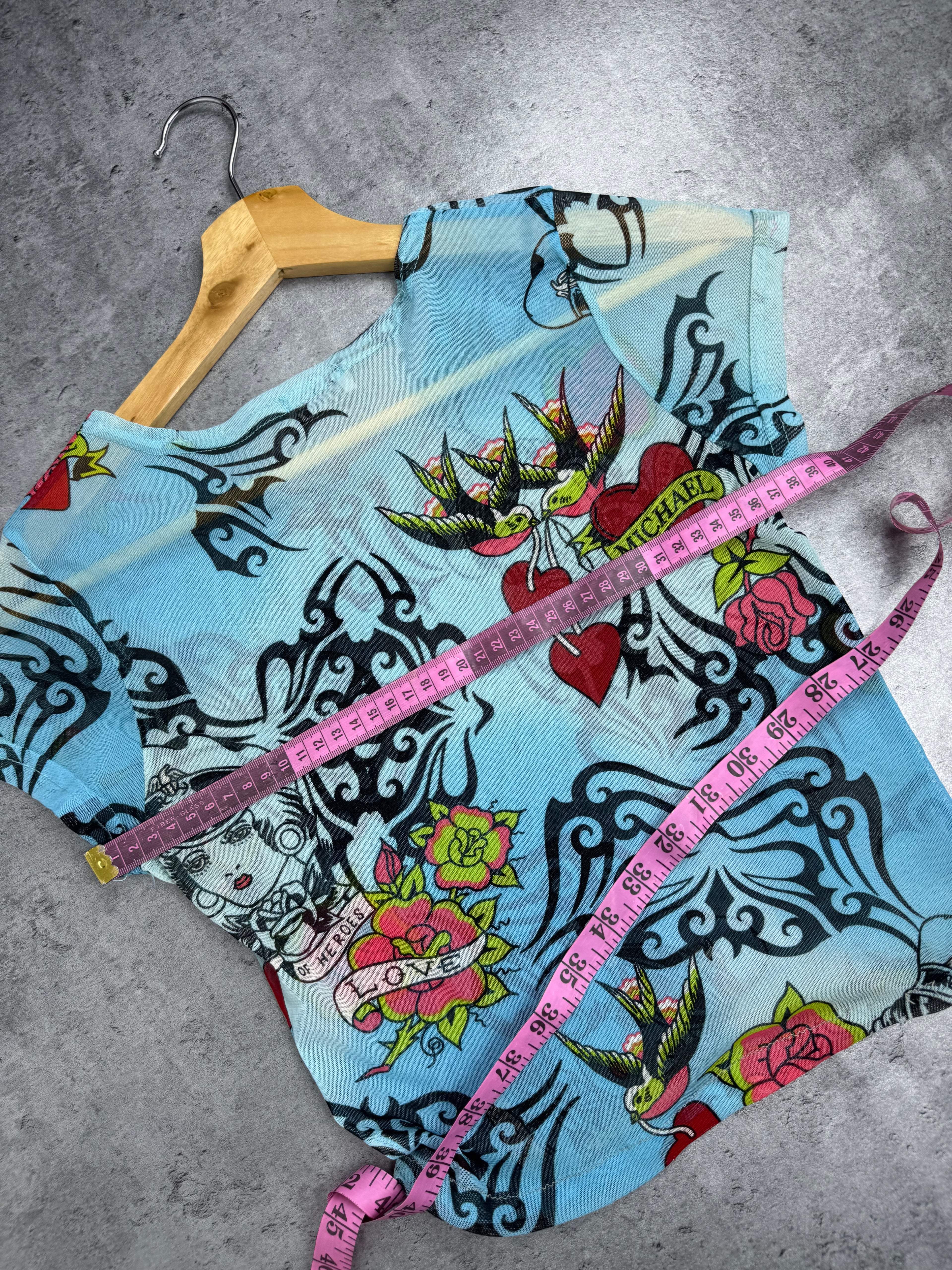 Ed Hardy Style Mesh Top Prześwitująca Przeźroczysta Tattoo Y2K Style Top Koszulka Bluzka